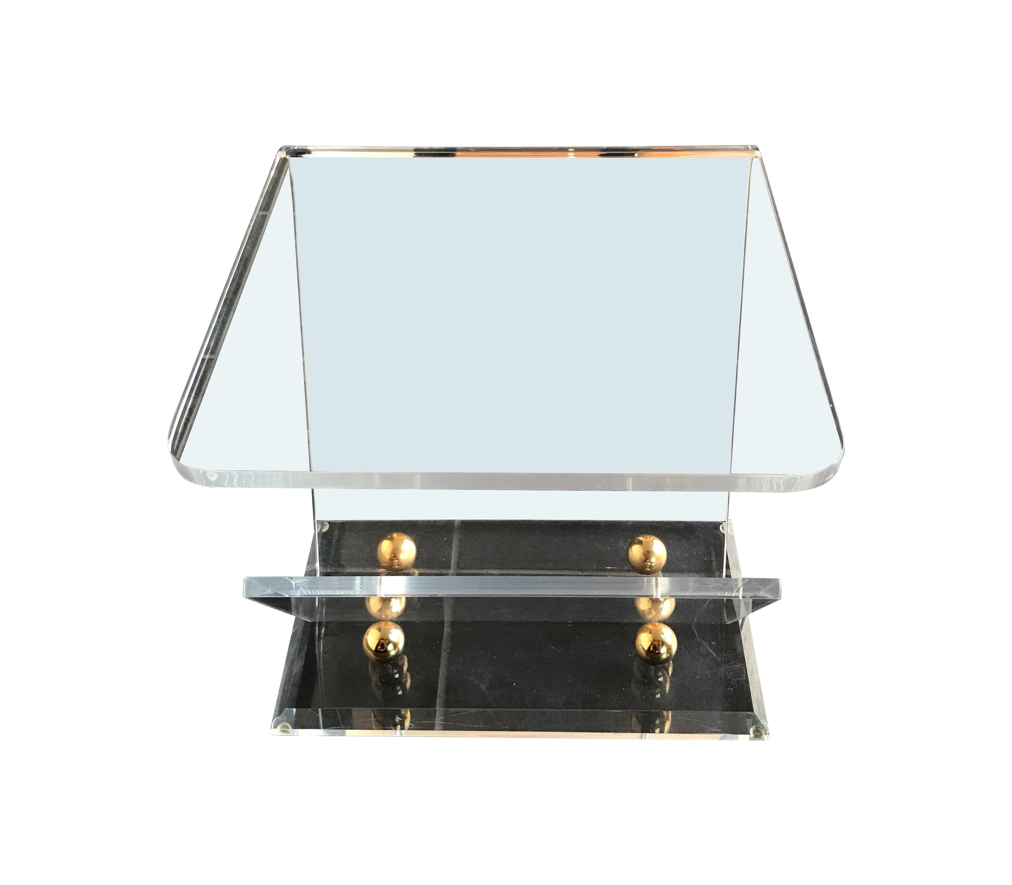 French Pair of Lucite and Brass Side Tables with Magazine Racks