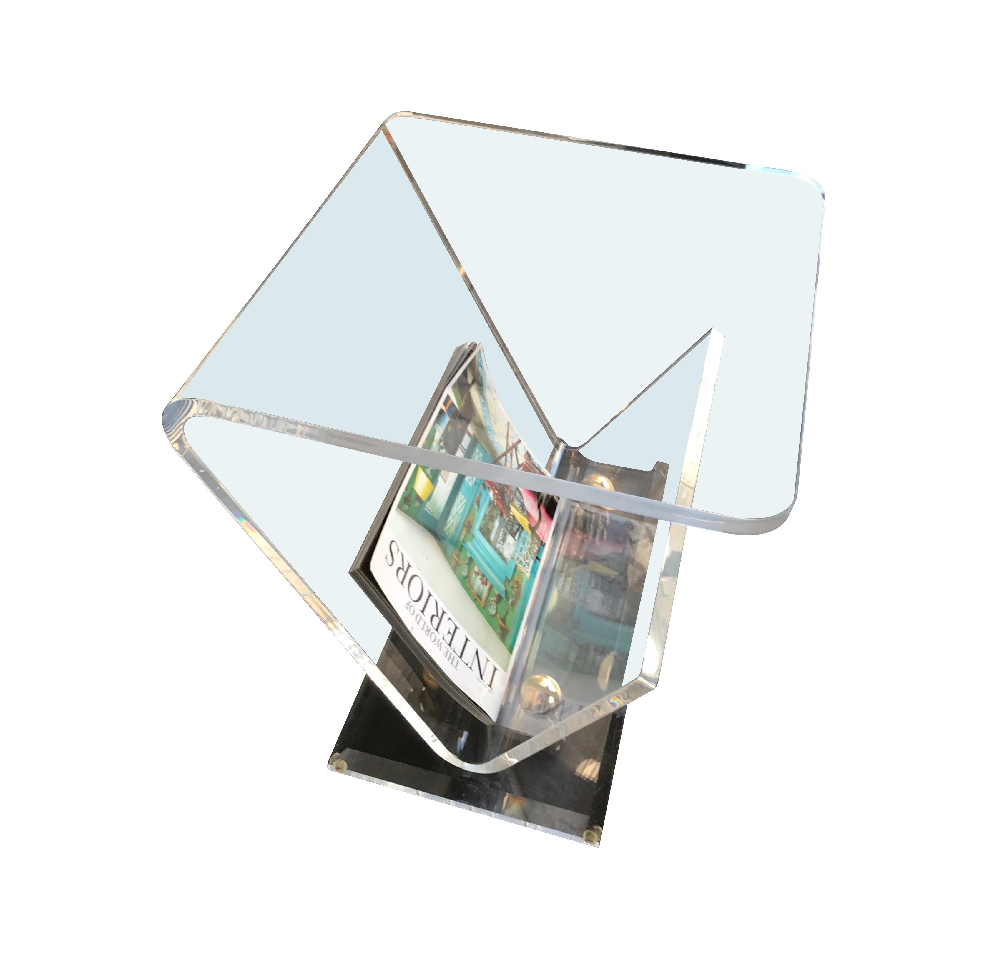 Pair of Lucite and Brass Side Tables with Magazine Racks 1