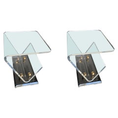 Pair of Lucite and Brass Side Tables with Magazine Racks