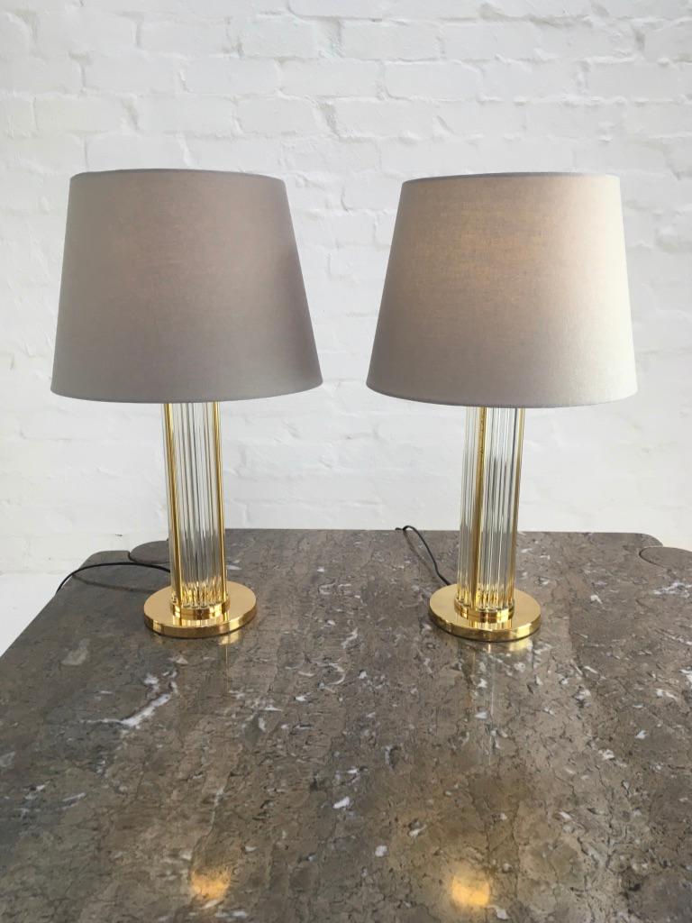 Molded Pair of Lucite and Brass Table Lamps 1970s