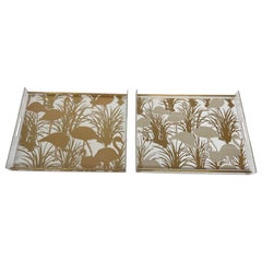 Pair of Lucite and Brass Trays Decorated with Golden Birds