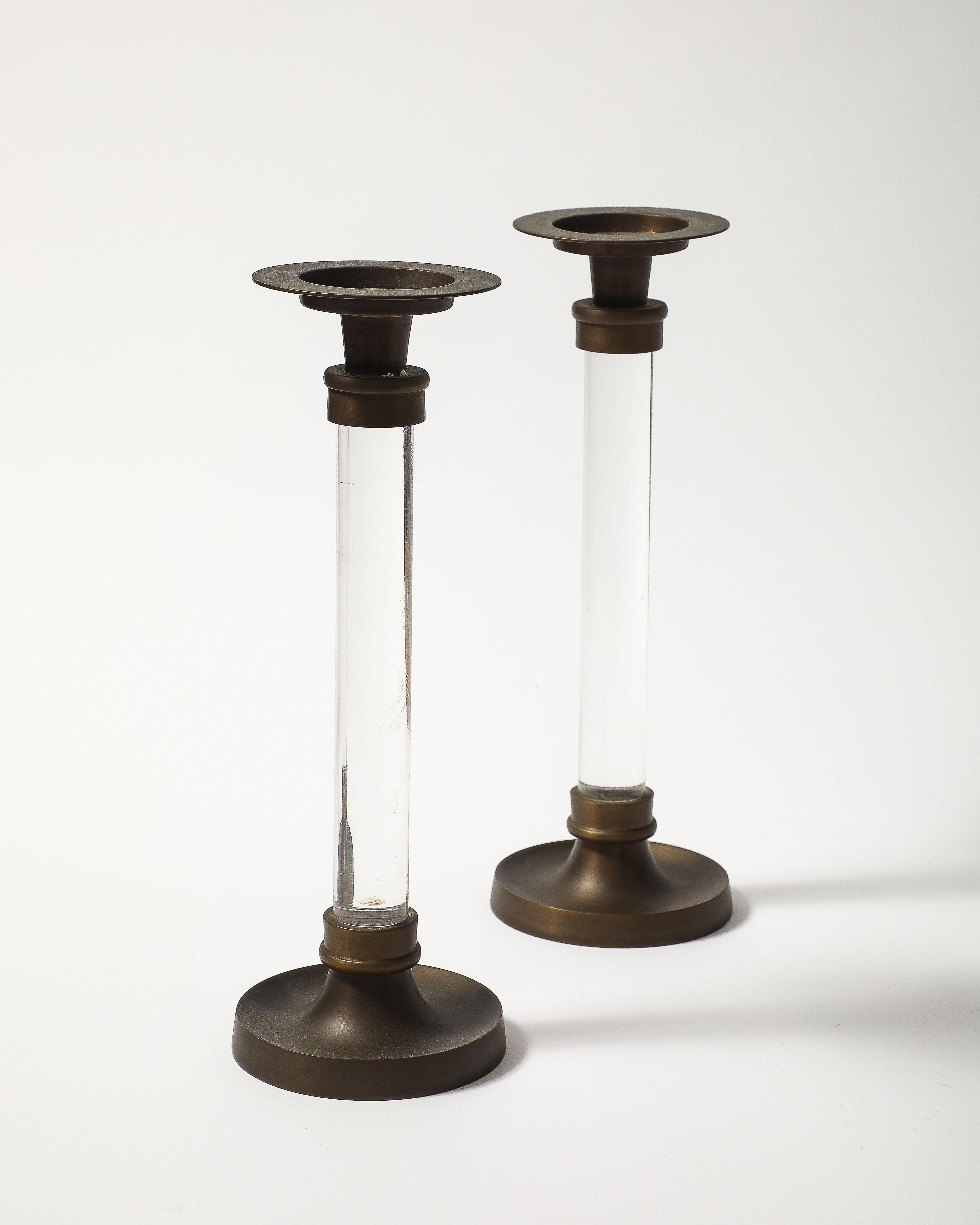 Pair of Lucite and Bronze Candlesticks For Sale 8