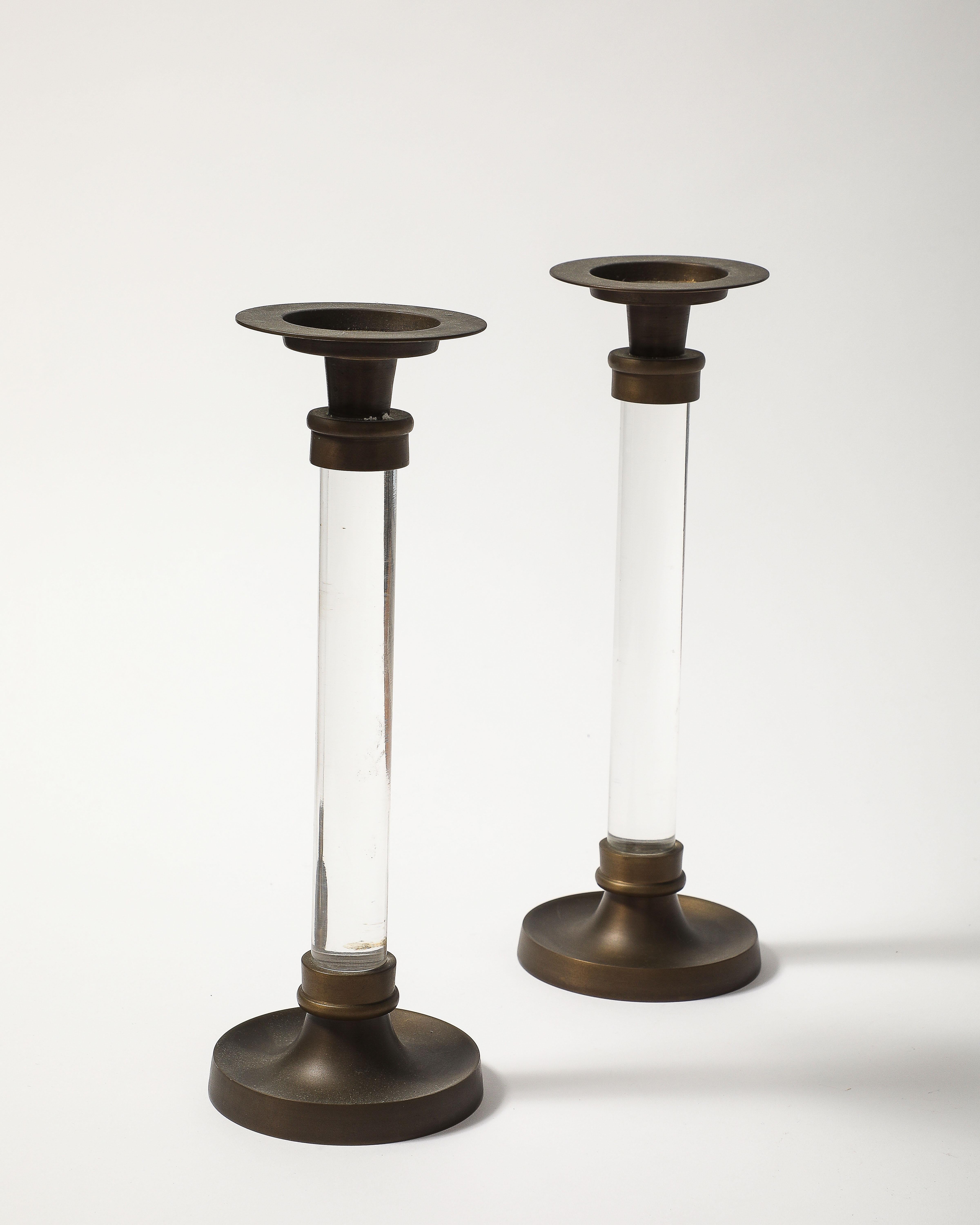 Pair of Lucite and Bronze Candlesticks For Sale 9