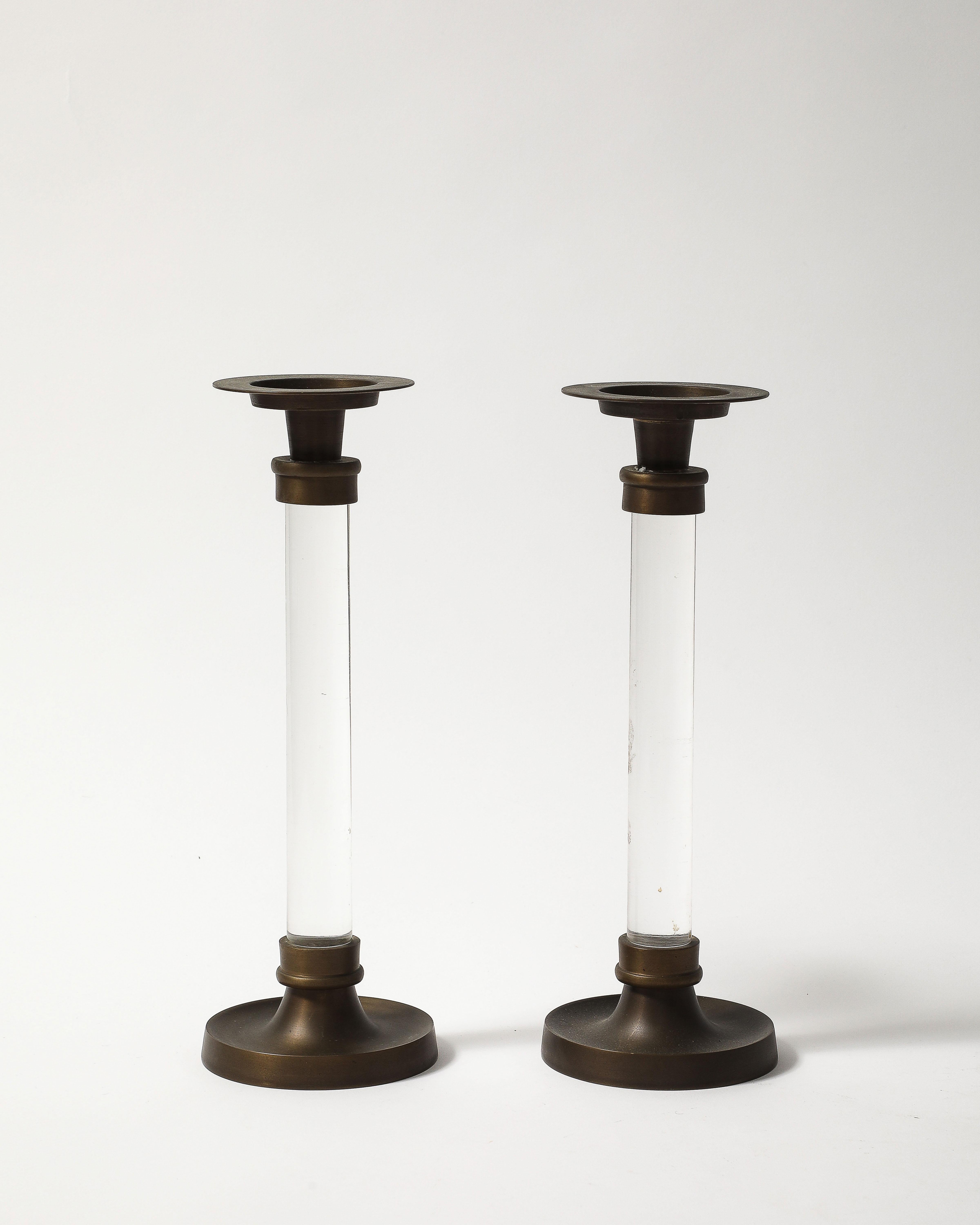 Pair of Lucite and Bronze Candlesticks In Good Condition For Sale In New York City, NY