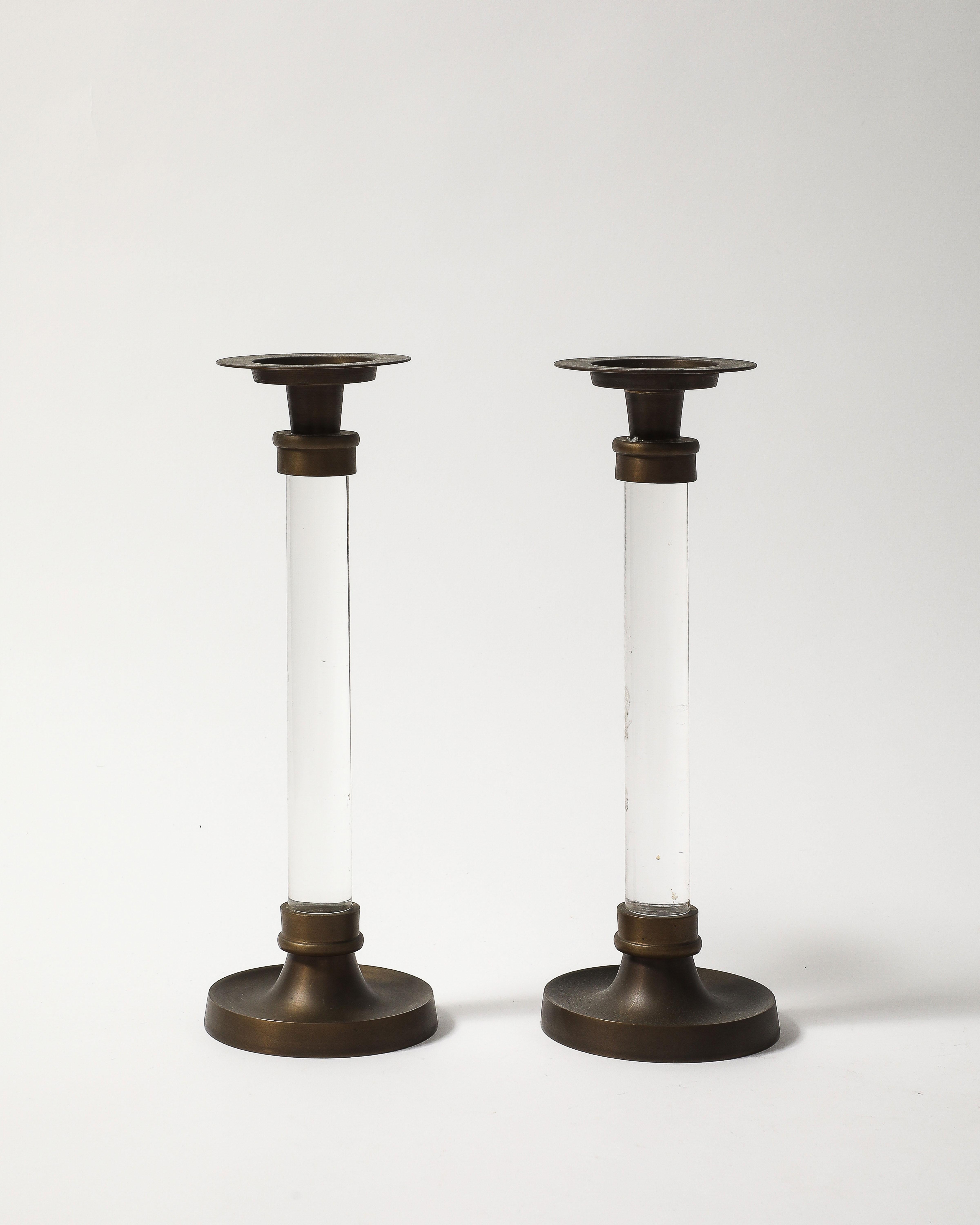 20th Century Pair of Lucite and Bronze Candlesticks For Sale