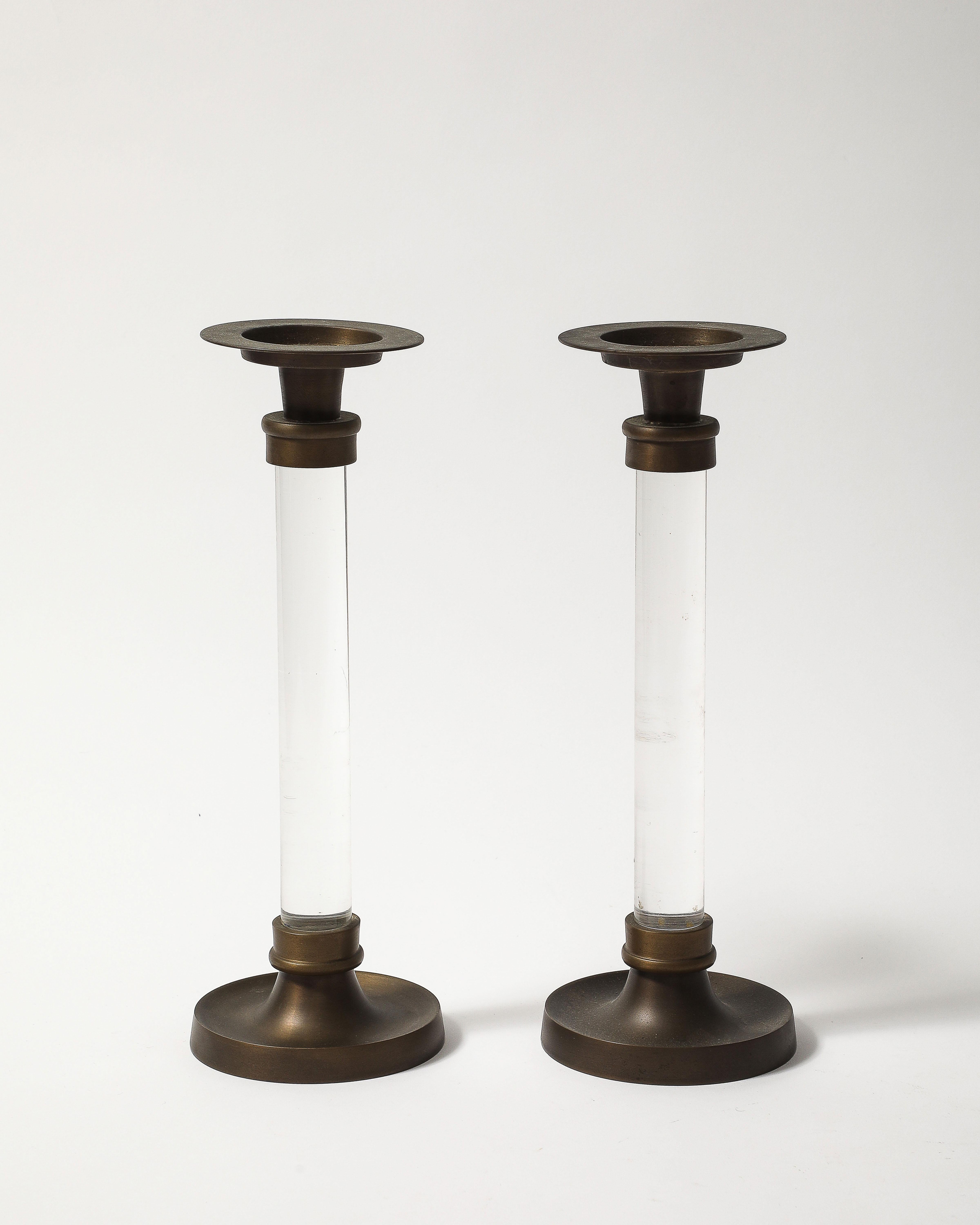 Pair of Lucite and Bronze Candlesticks For Sale 3