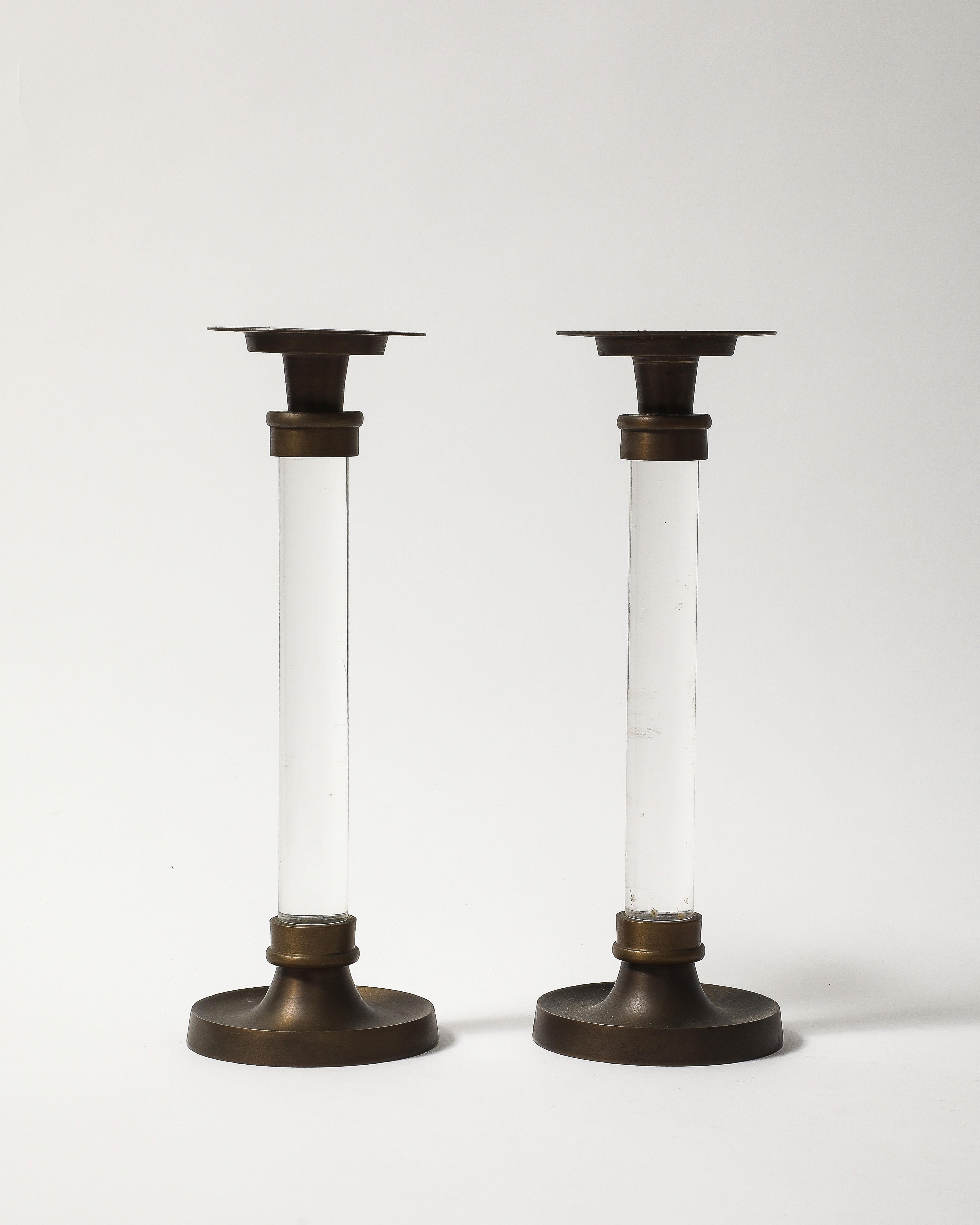 Pair of Lucite and Bronze Candlesticks For Sale 4