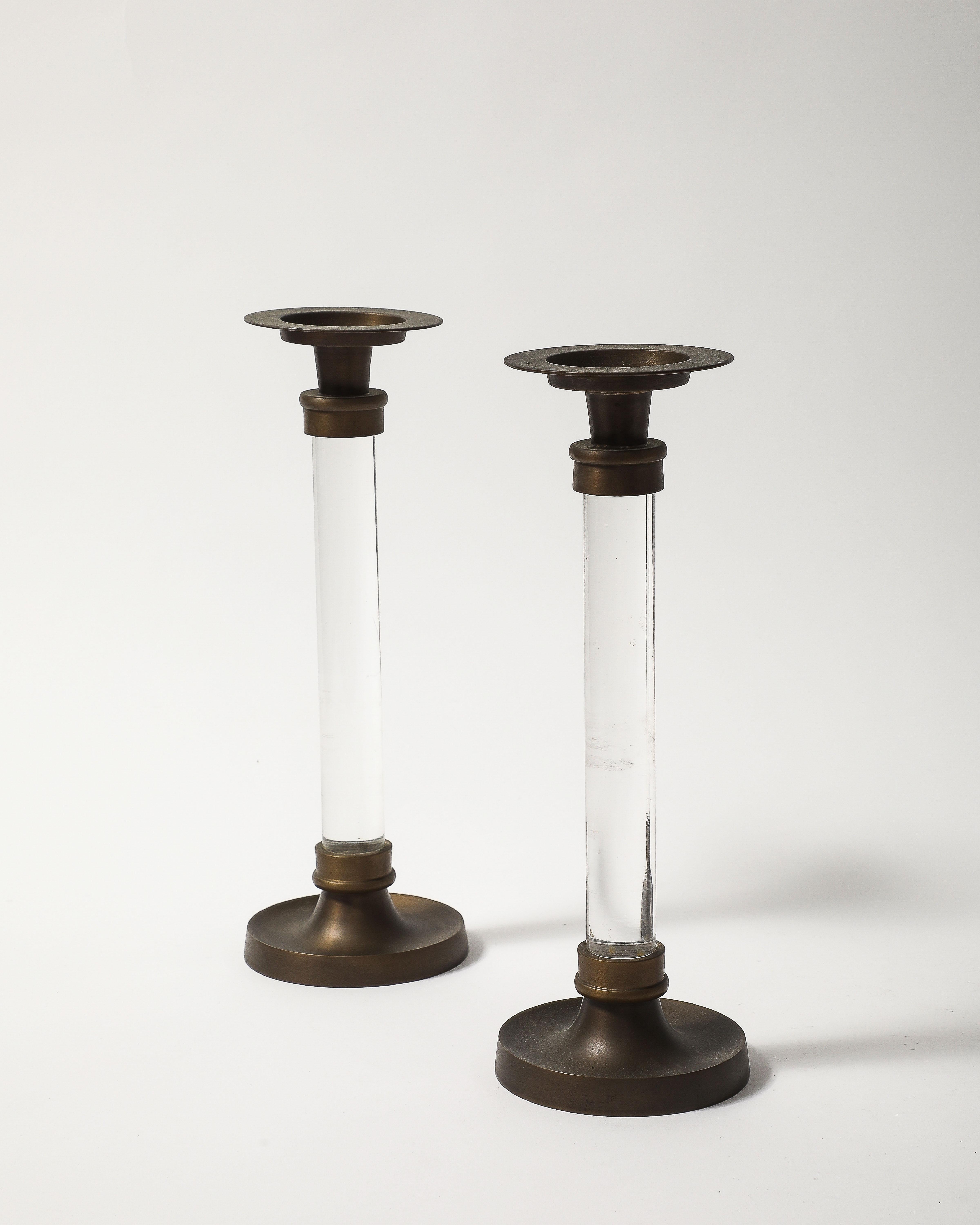 Pair of Lucite and Bronze Candlesticks For Sale 5