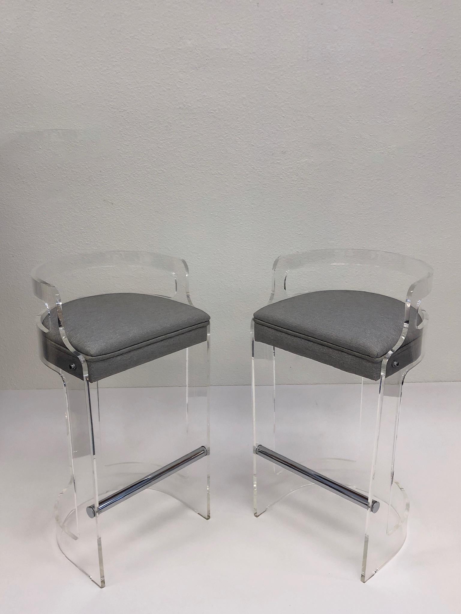 Polished Pair of Lucite and Chrome Barstools by Hill Manufacturing Co.