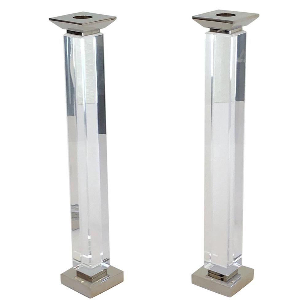 Pair of Lucite and Chrome Candlestick by Charles Hollis Jones For Sale