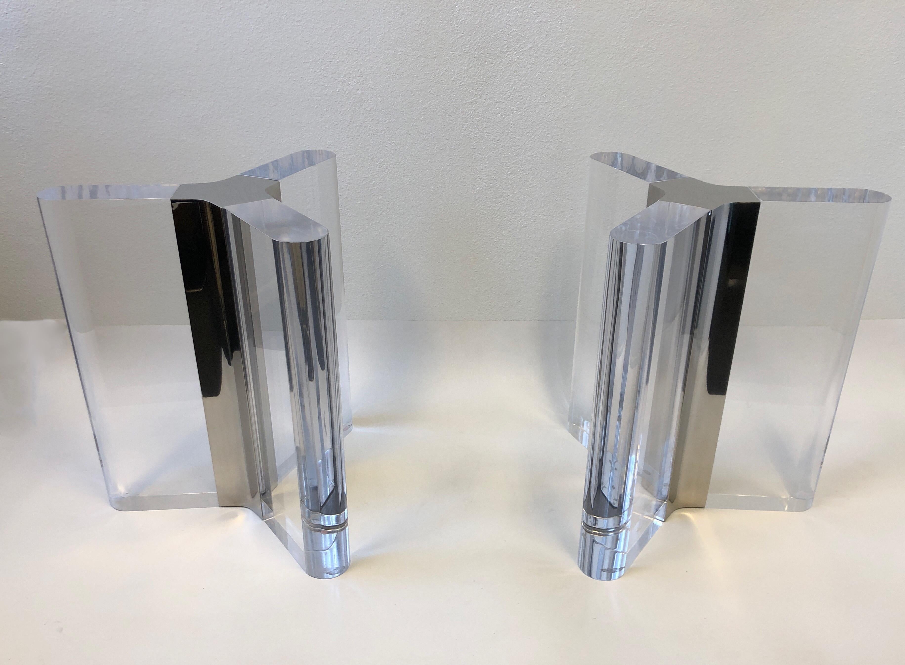 Modern Pair of Lucite and Chrome Dining Table Bases by Charles Hollis Jones