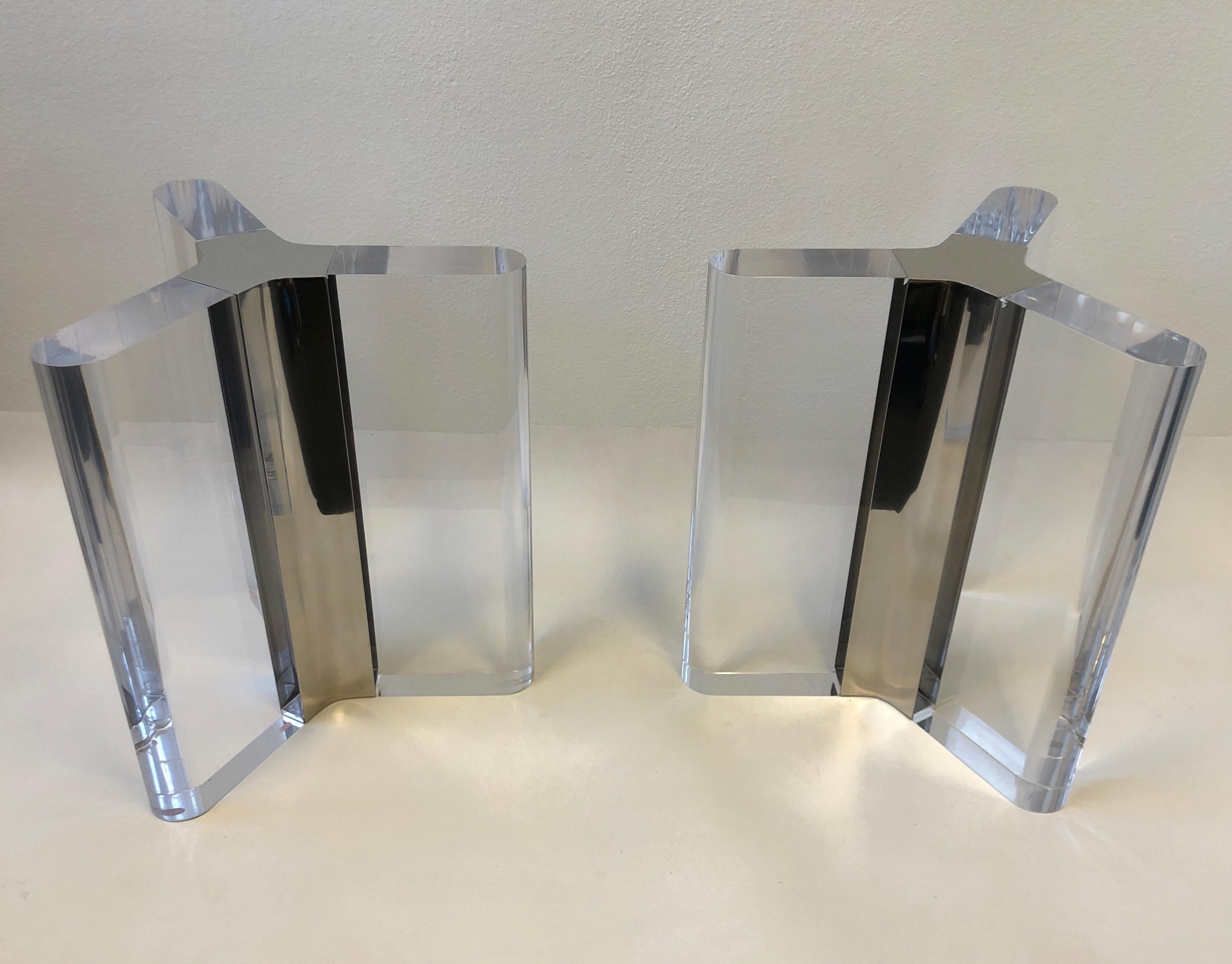 Pair of Lucite and Chrome Dining Table Bases by Charles Hollis Jones In Good Condition In Palm Springs, CA