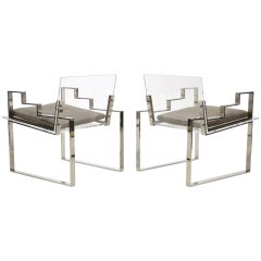 Pair of Lucite and Chrome Lounge Chairs Hand Signed by Charles Hollis Jones 1984