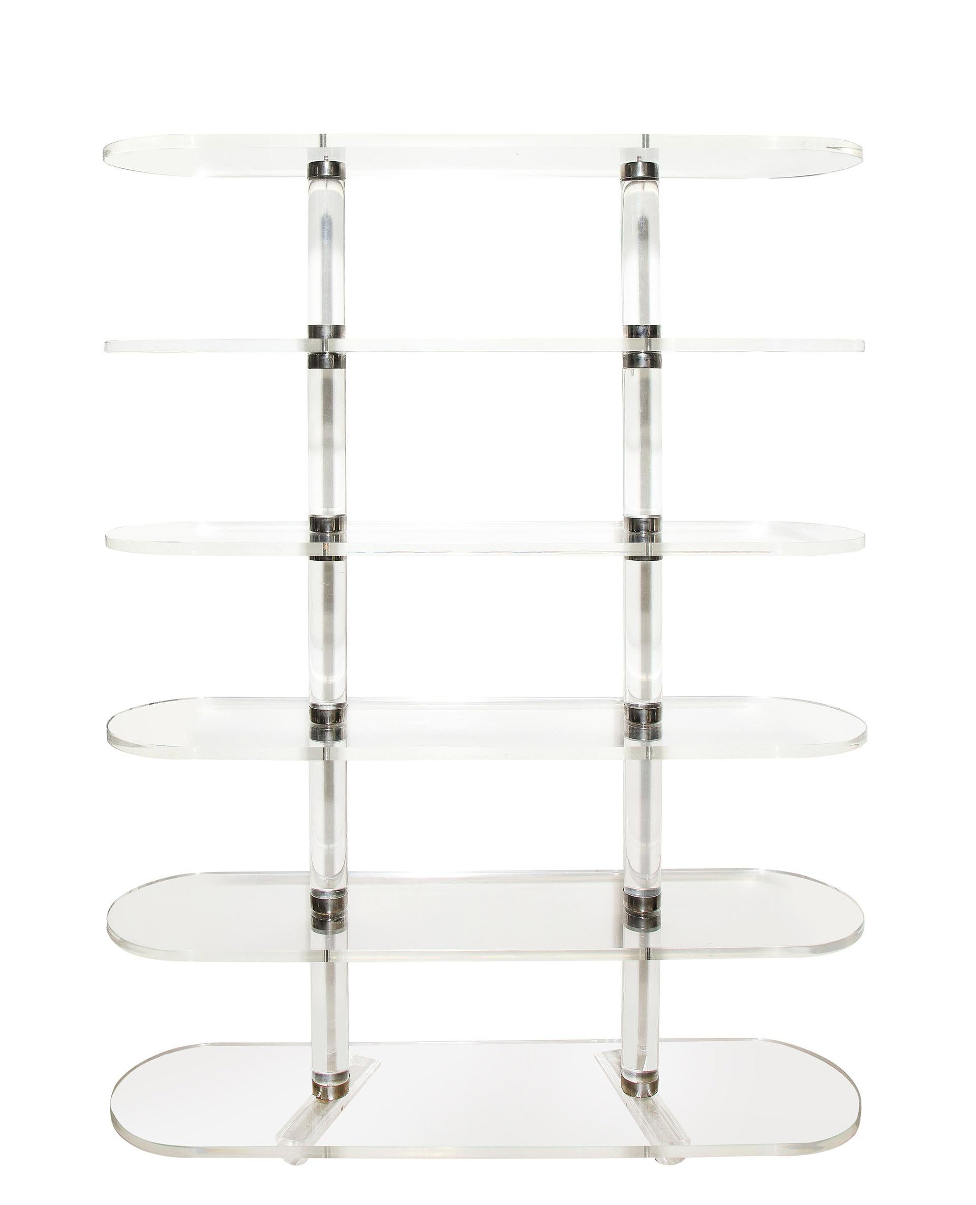 Pair of substantial acrylic shelving units in the style of Karl Springer, each comprised of 6 1