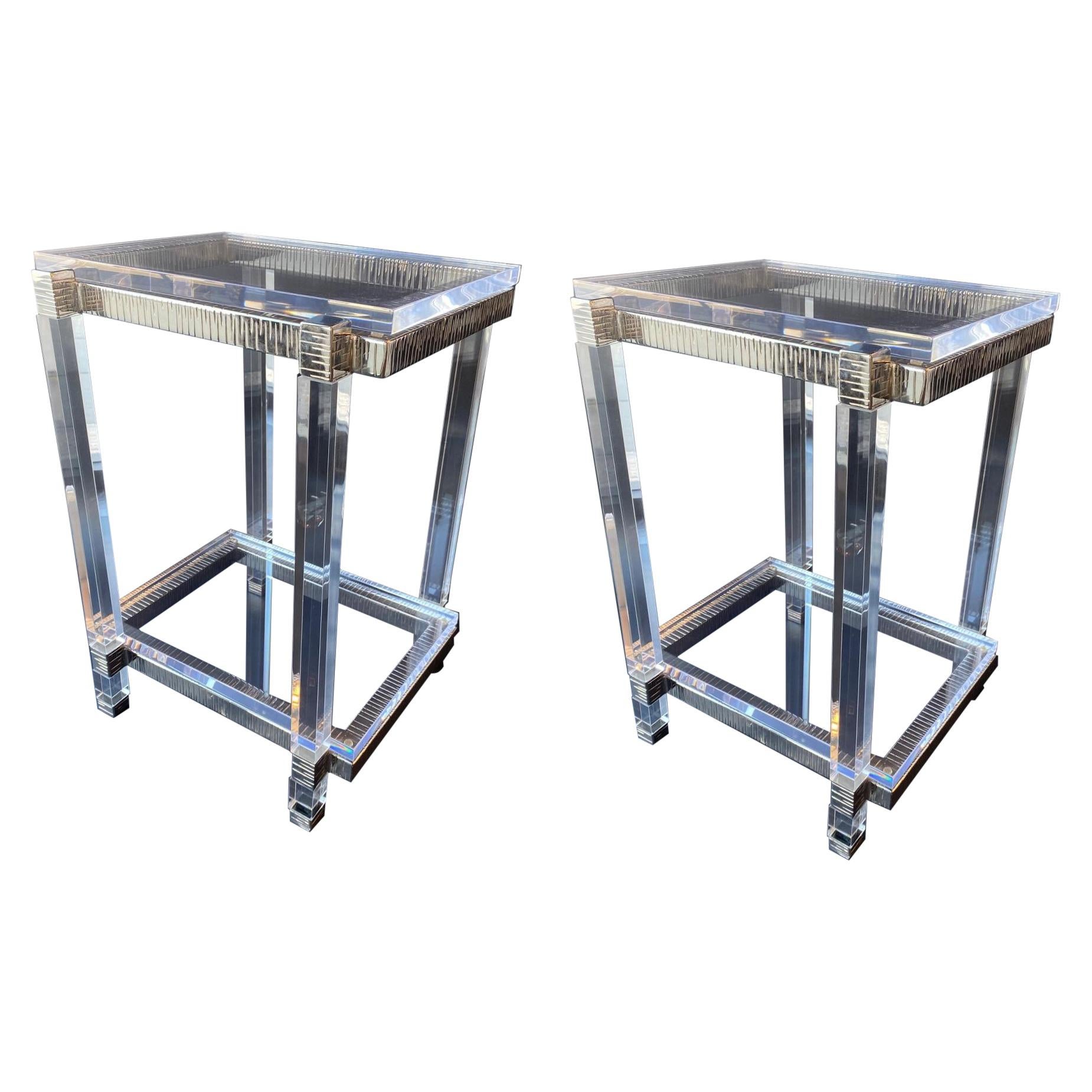 Pair of Lucite and Chrome Side Cocktail Tables, USA, 1970s For Sale