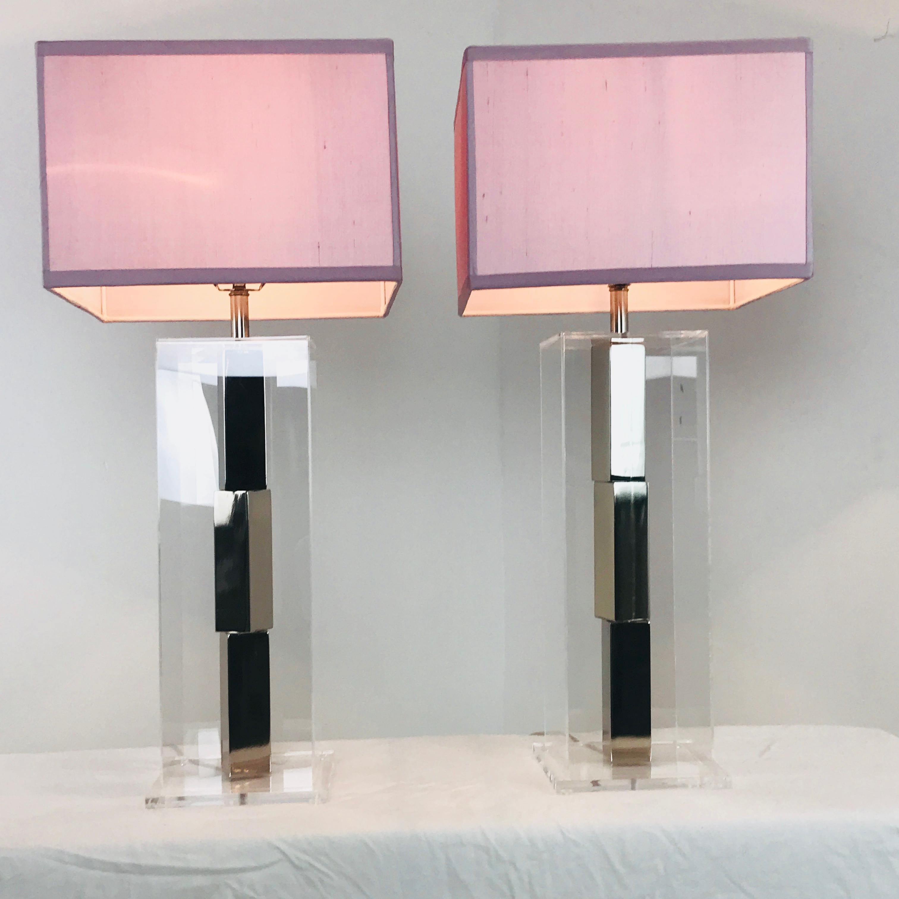 Pair of Lucite and Chrome Table Lamps by Laurel with Silk Shades 1