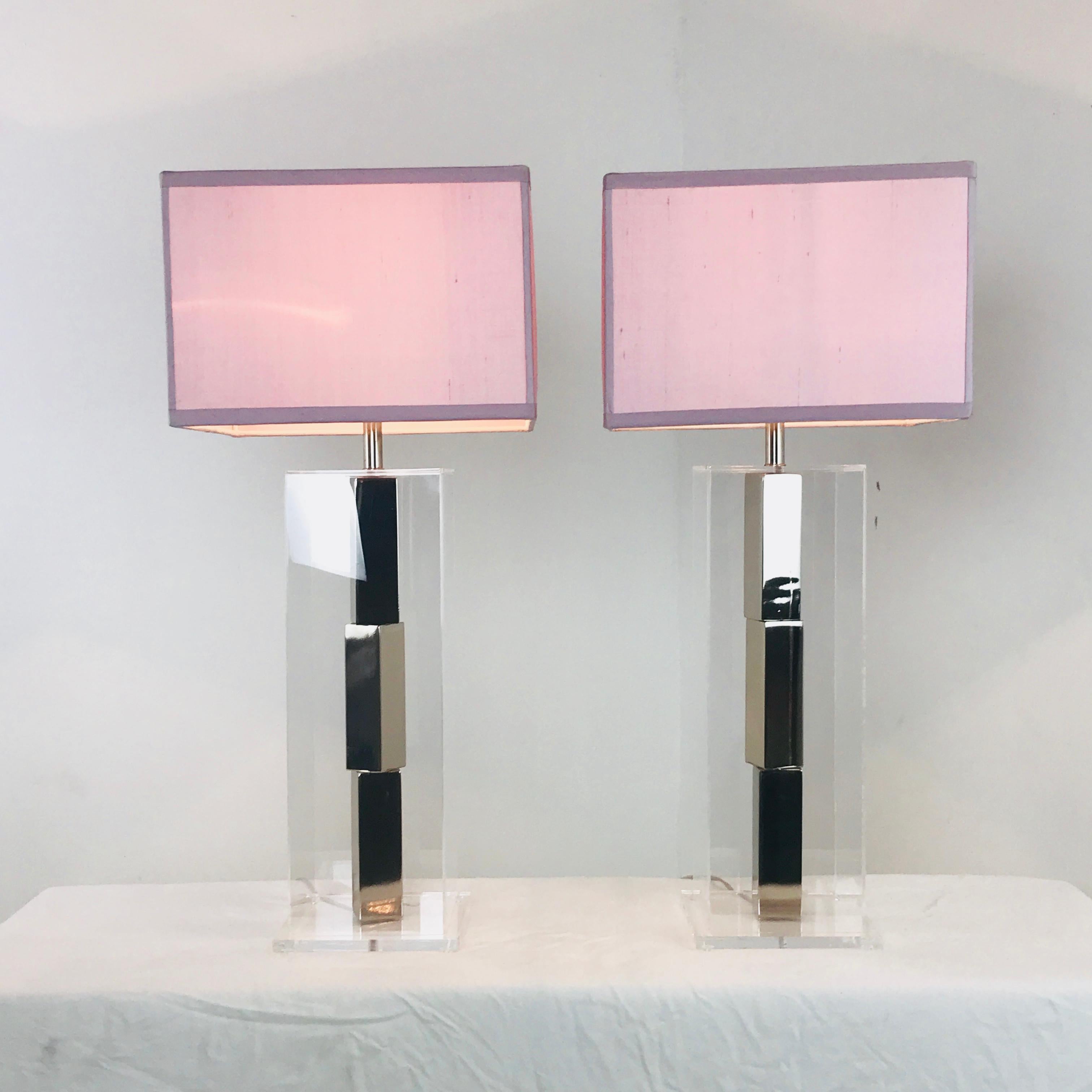 Pair of Lucite and Chrome Table Lamps by Laurel with Silk Shades 2