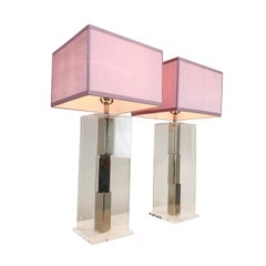 Pair of Lucite and Chrome Table Lamps by Laurel with Silk Shades