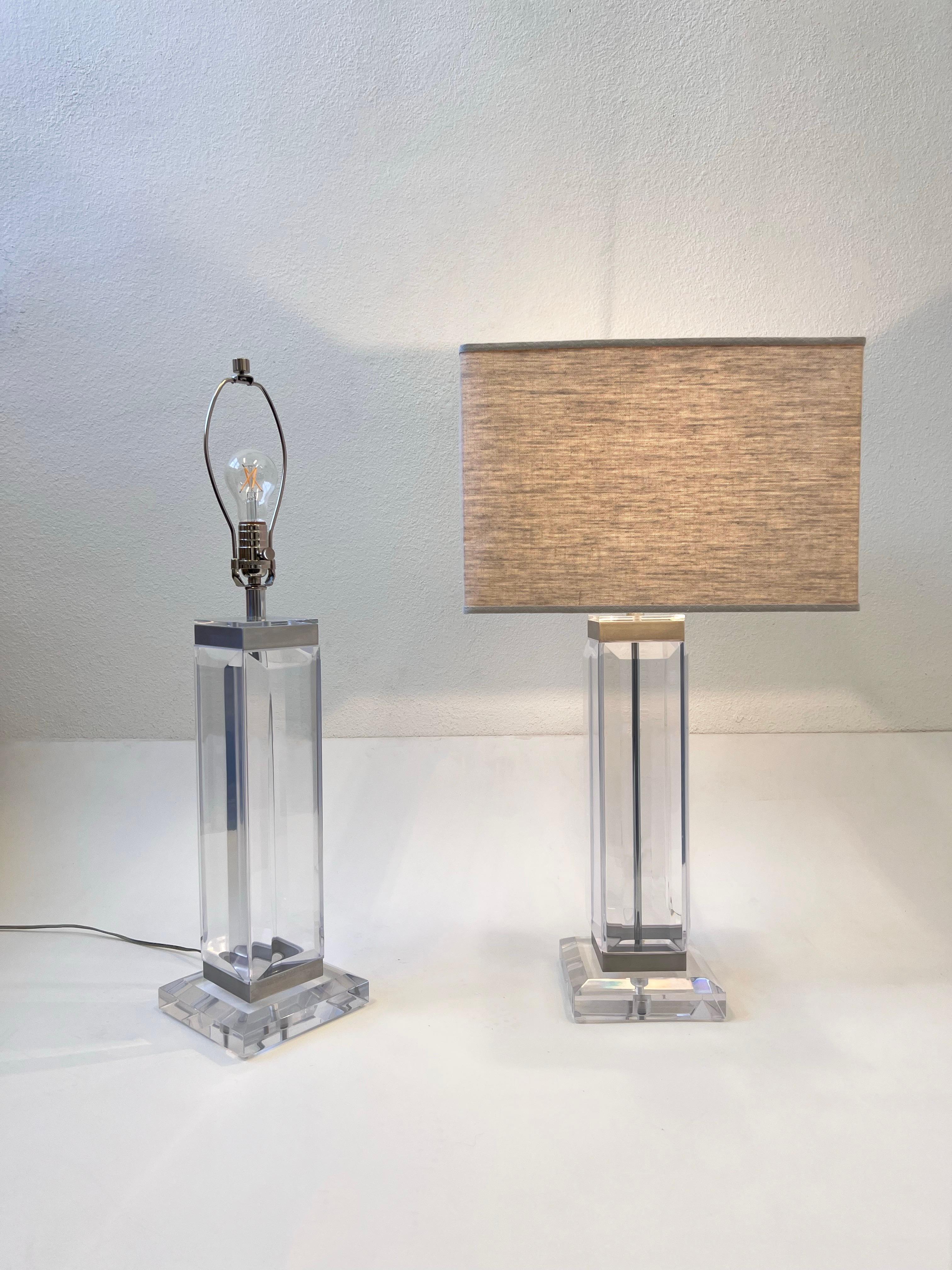 Modern Pair of Lucite and Chrome Table Lamps in the Manner of Charles Hollis Jones For Sale