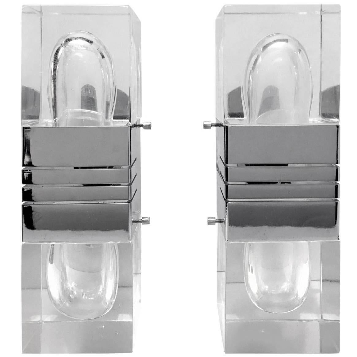 Pair of Lucite and Chrome Wall Sconces by Gaetano Sciolari For Sale