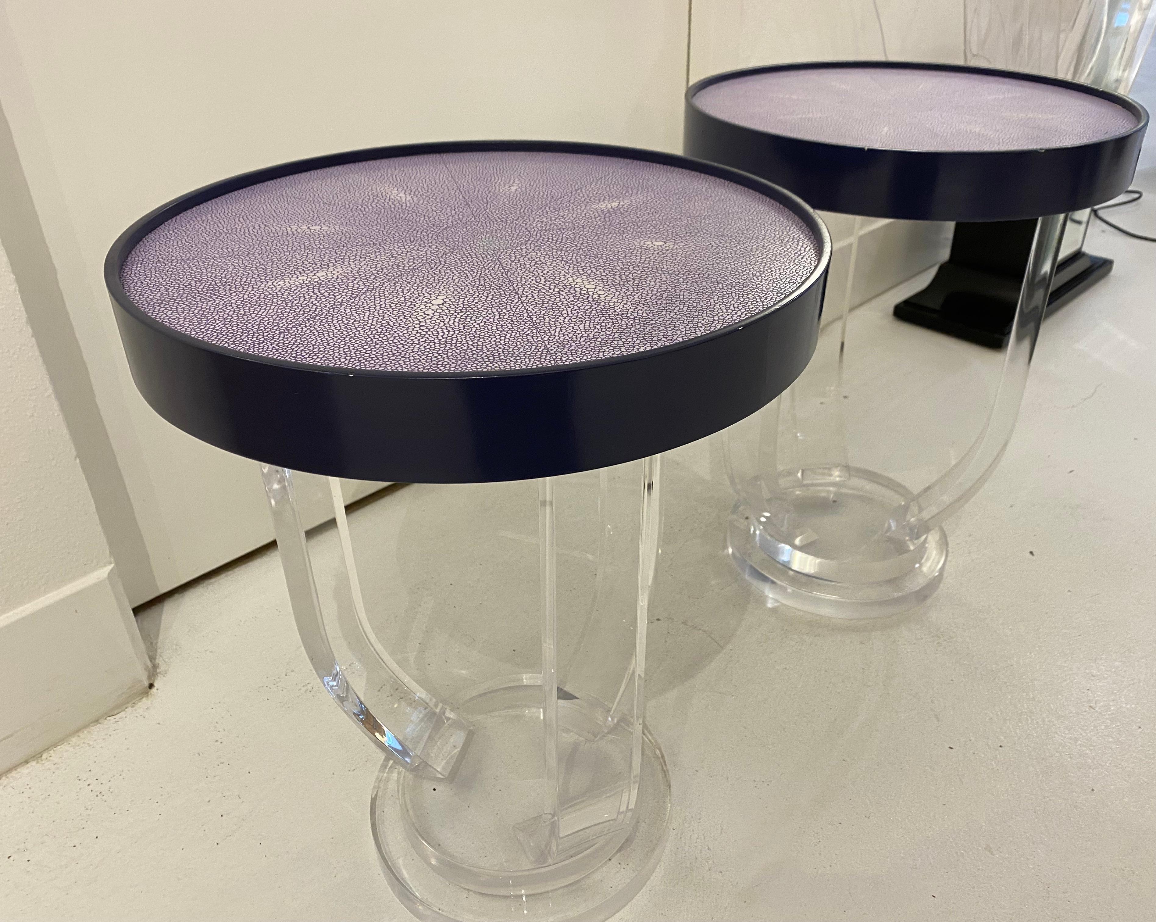 Painted Pair of Lucite and Faux Shagreen Side Tables