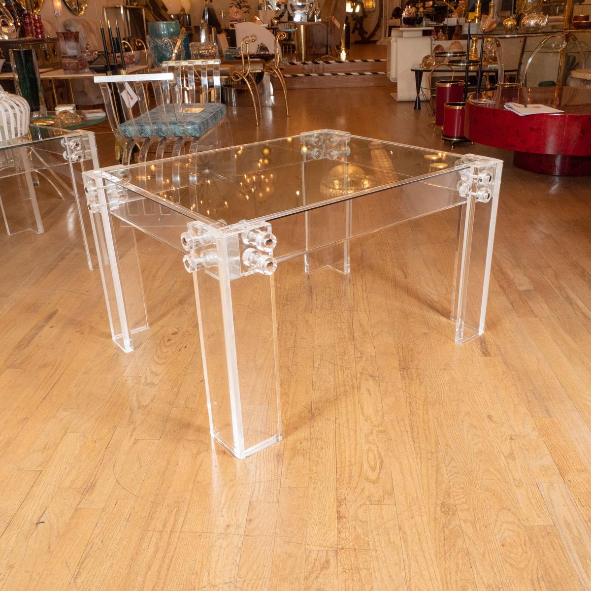 American Pair of Lucite and Glass End Tables For Sale