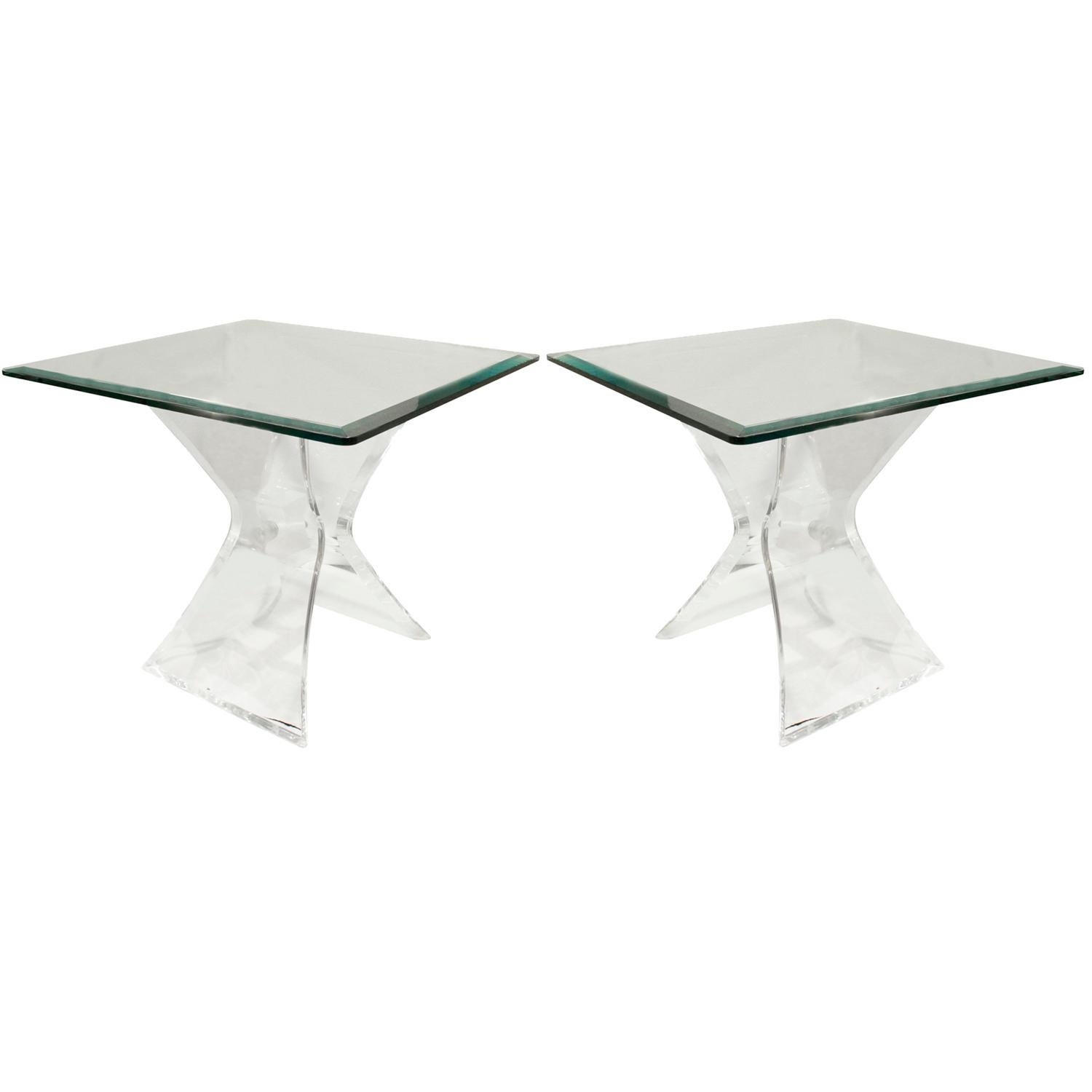 Pair of sculptural end tables with bases in Lucite with glass top, American, 1970s.