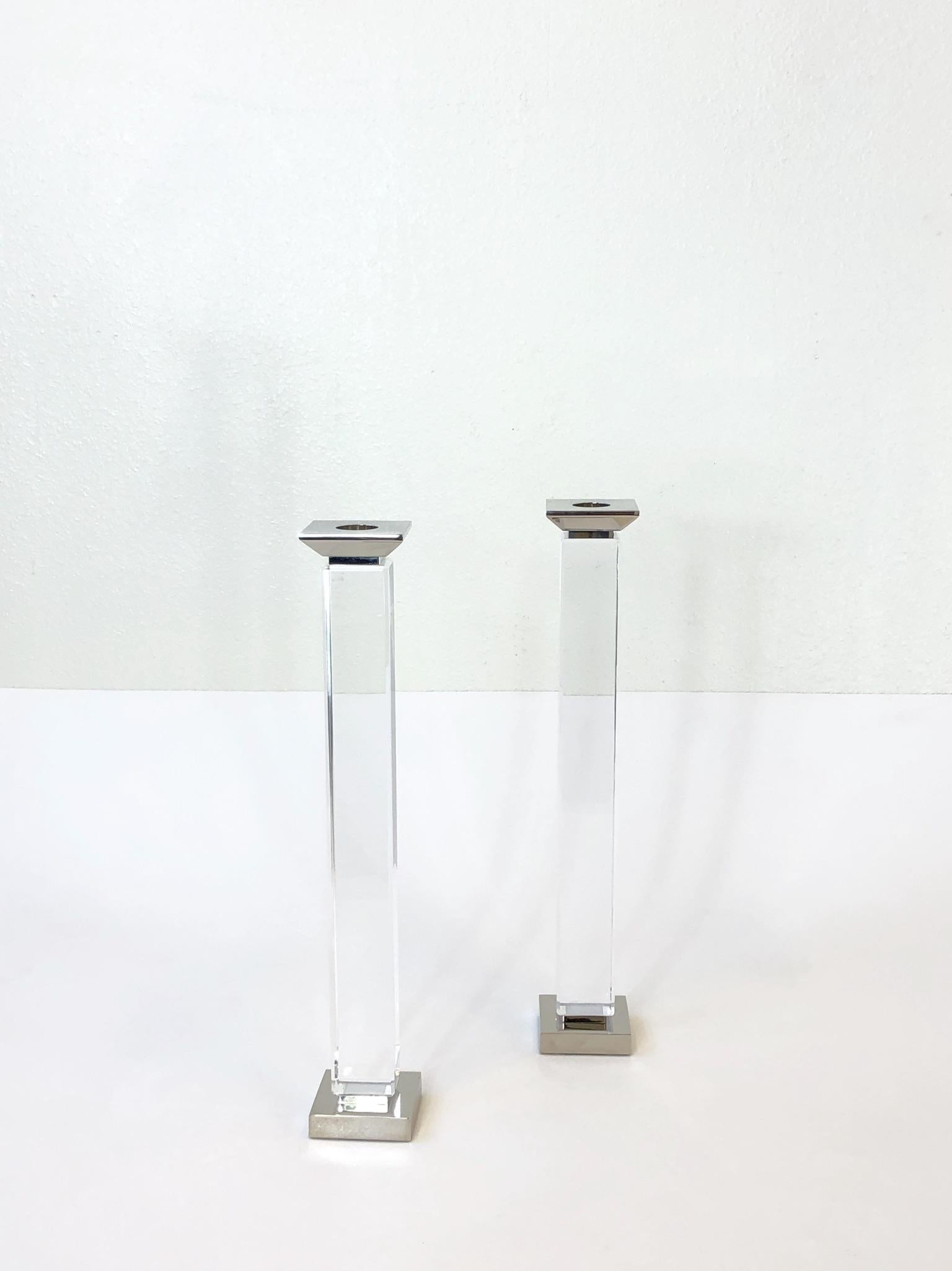 Modern Pair of Lucite and Chrome Candlestick by Charles Hollis Jones For Sale