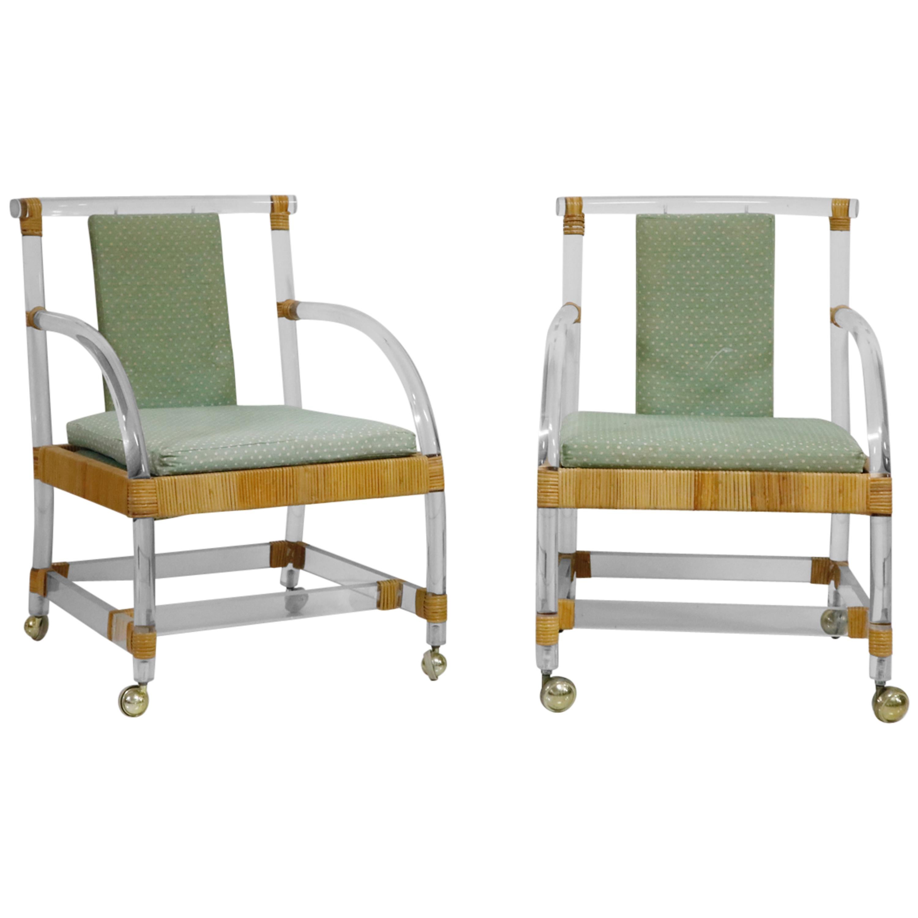 Pair of Lucite and Rattan Lounge Armchairs on Casters by Ficks Reed, 1970s 