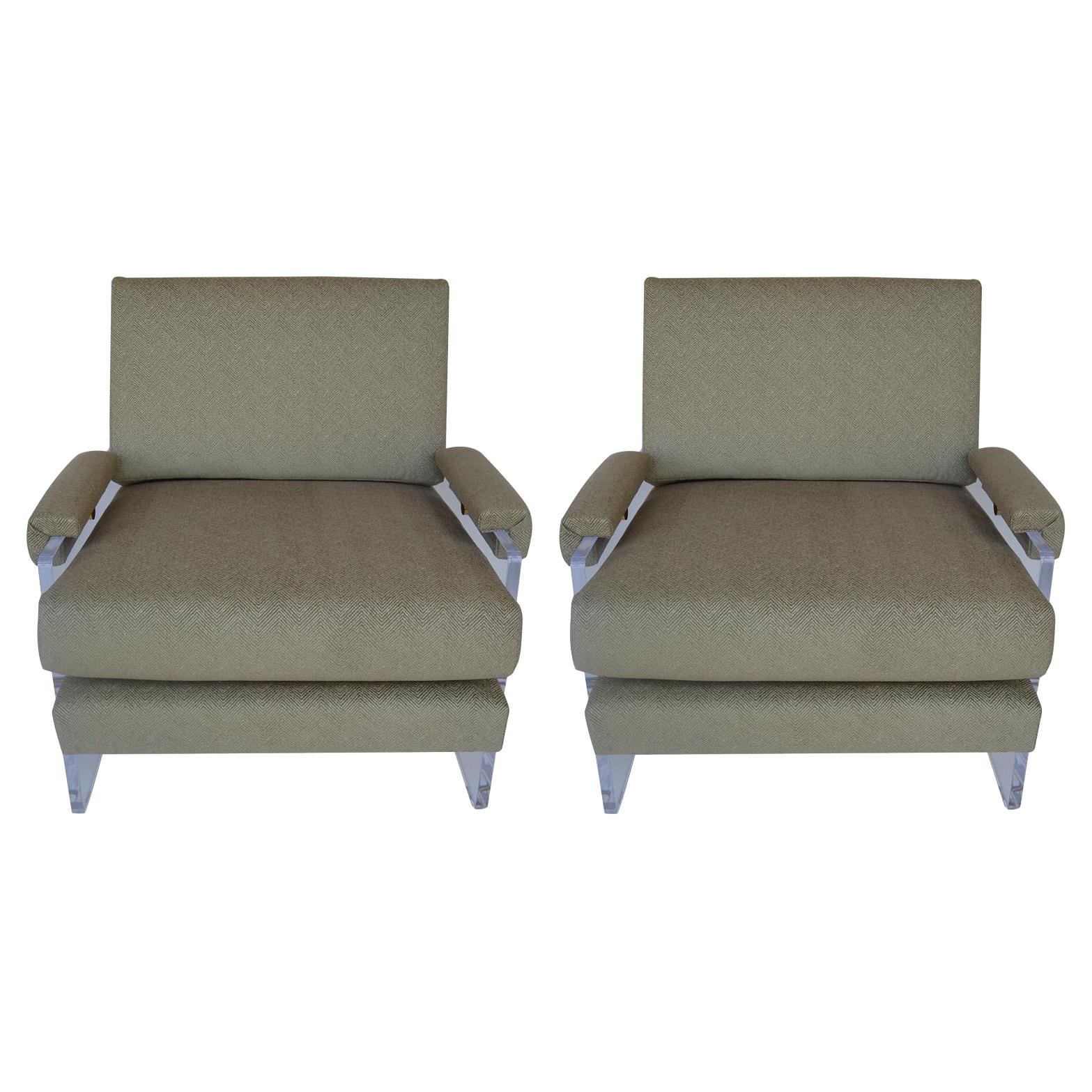 Paar Lucite-Sessel, neu gepolstert, 1980er Jahre