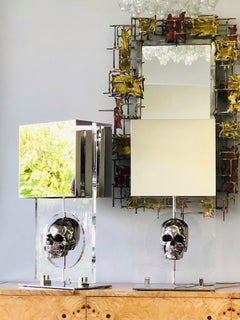 Pair of Lucite and Stainless Steel Modern Skull Table Lamps