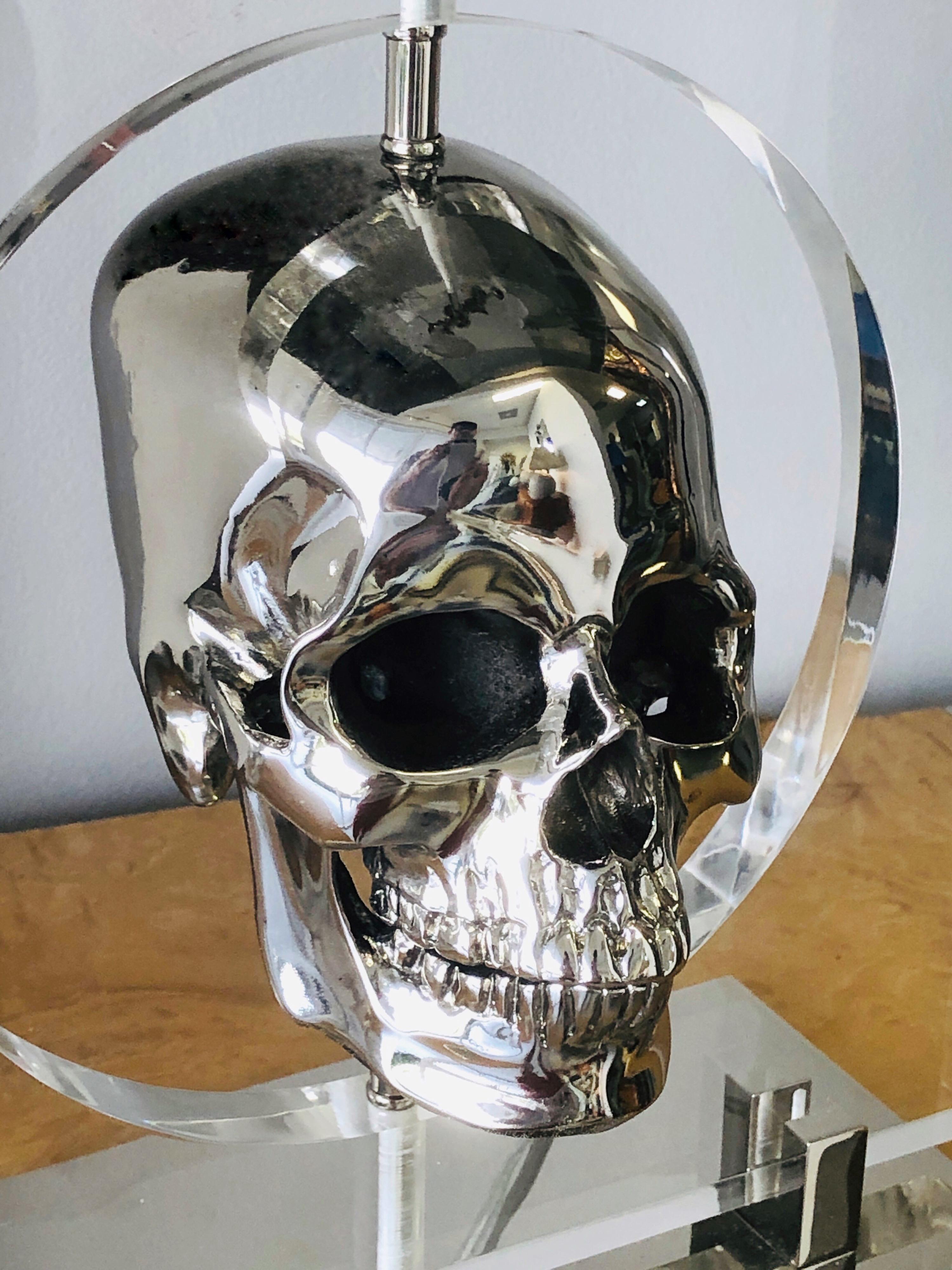 Pair of Lucite and Stainless Steel Modern Skull Table Lamps 2