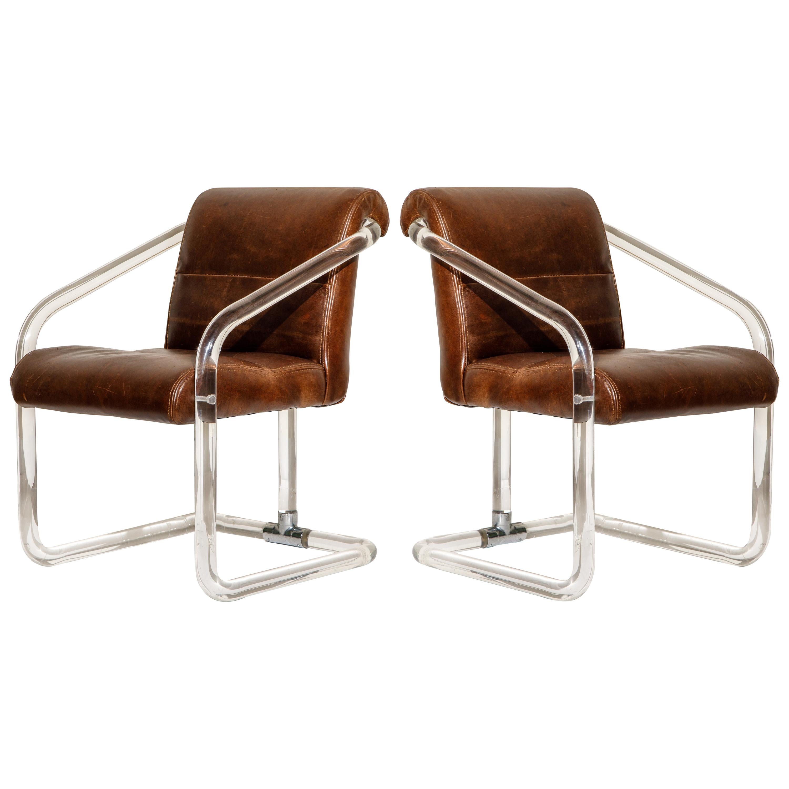Pair of Lucite and Thick Leather Armchairs by Lion in Frost, c. 1970s Signed