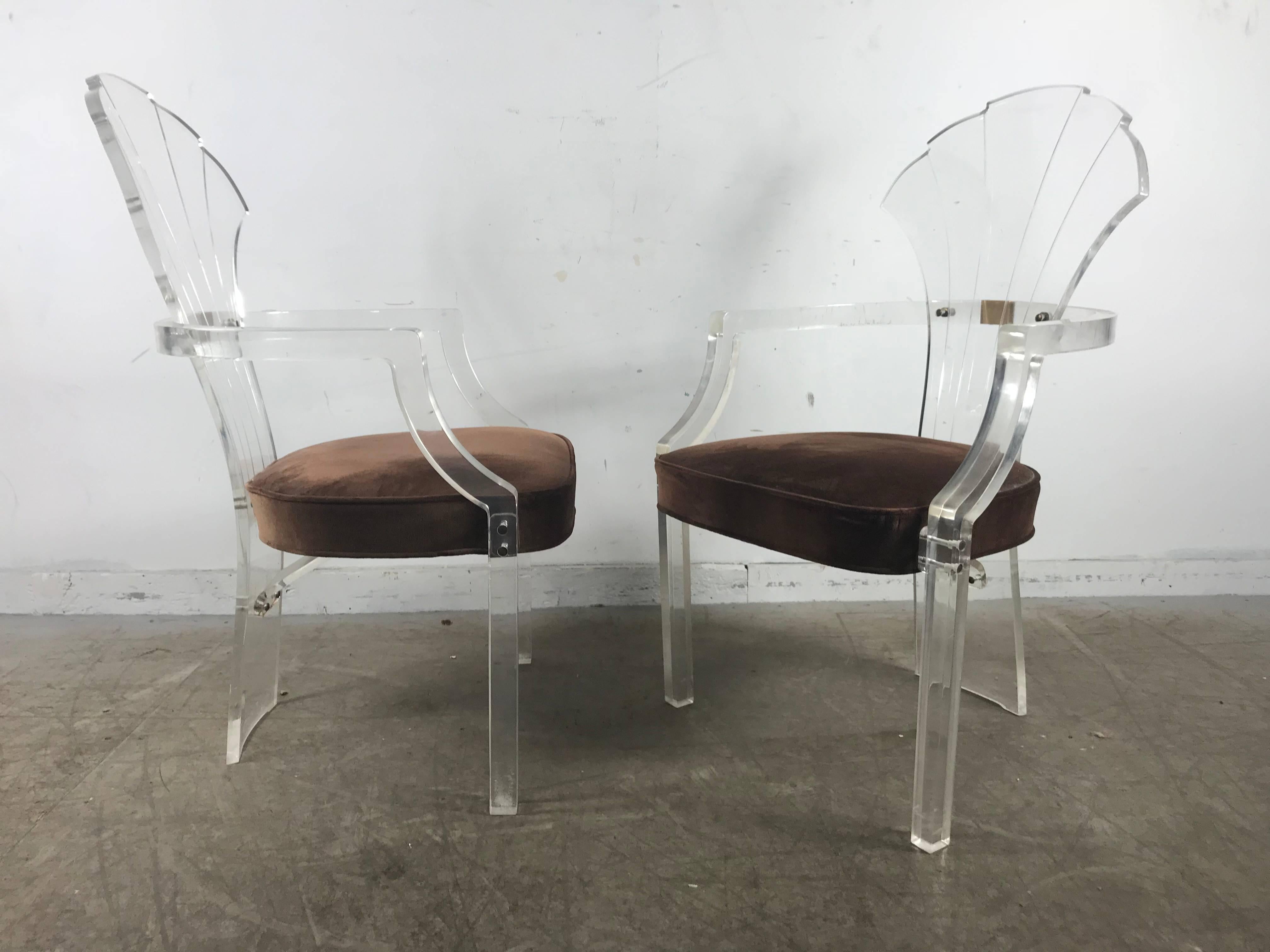Stunning pair Art Deco revival arm chairs after Charles Hollis Jones by Hill Manufacturing. Retains original brown velvet fabric seats, brass detailing. Hand delivery avail to New York City or anywhere en route from Buffalo New York.