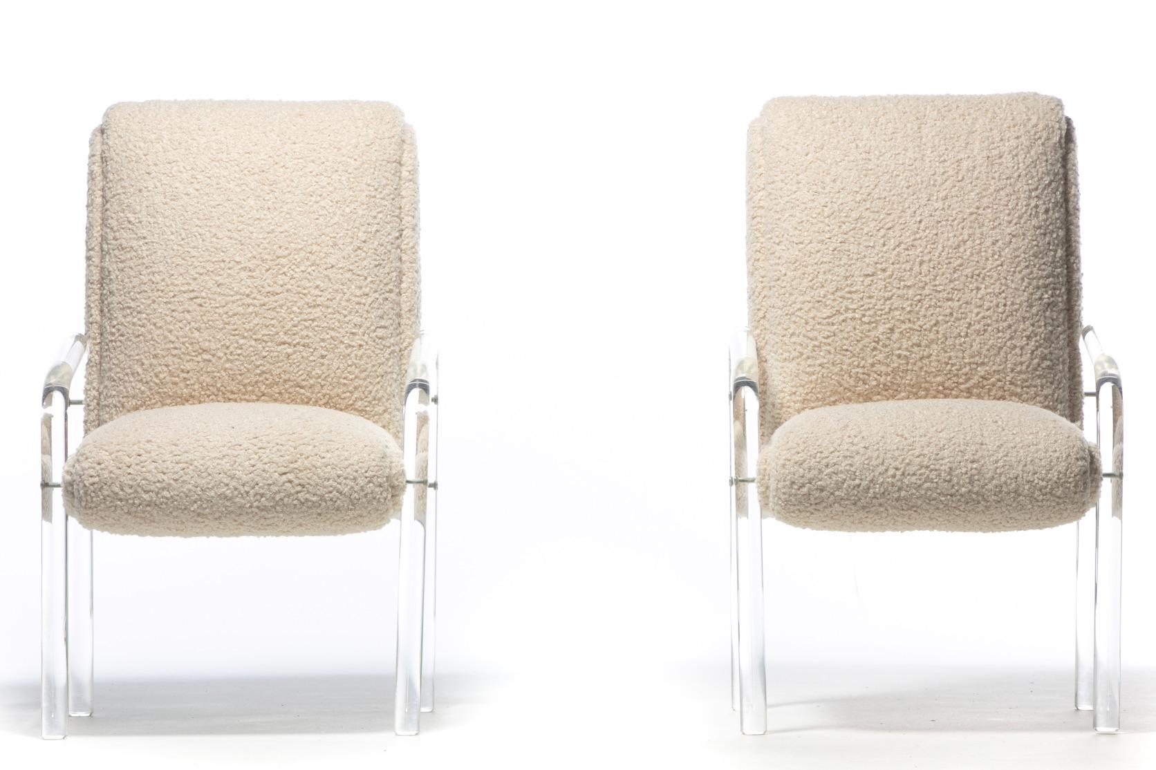 Sexy pair of 1970s lucite arm chairs designed by Leon Rosen for Pace. Sculptural. Clean neutral look endeavors feelings of light and air. Angled lucite arm rests and legs. Wide and comfortable seat. Incorporate well as side chairs into most styles
