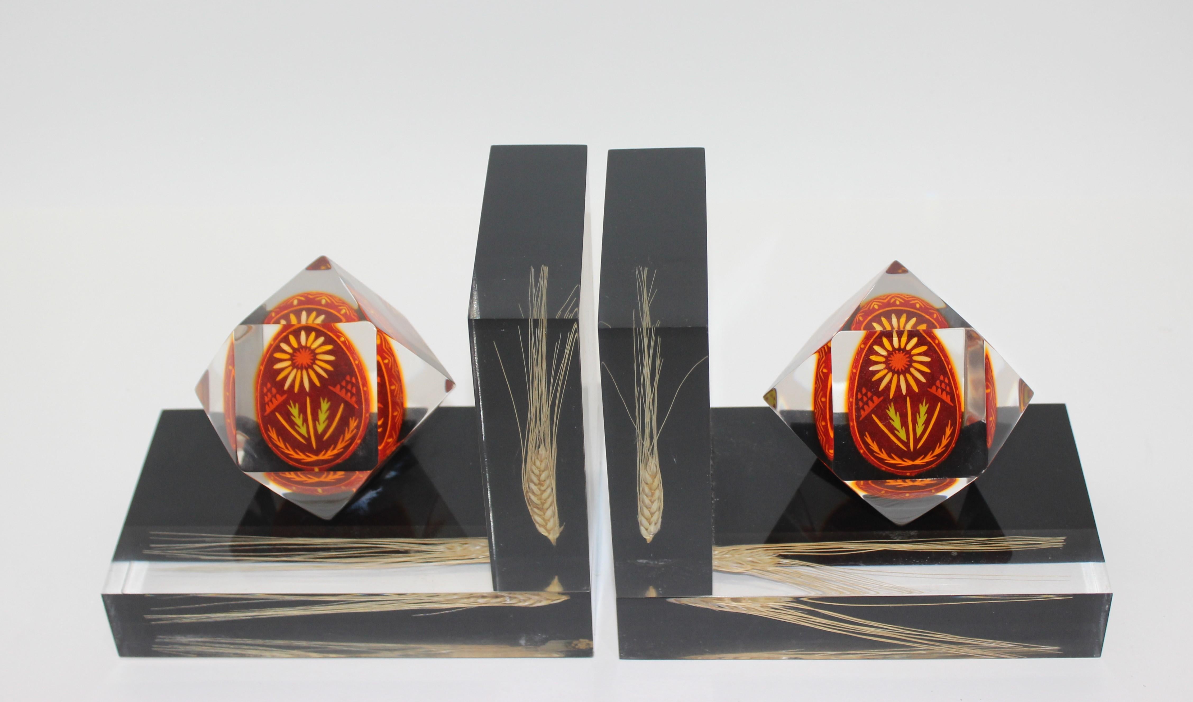 Folk Art Pair of Lucite Bookends Ukraine Pysanka Easter Egg and Wheat For Sale