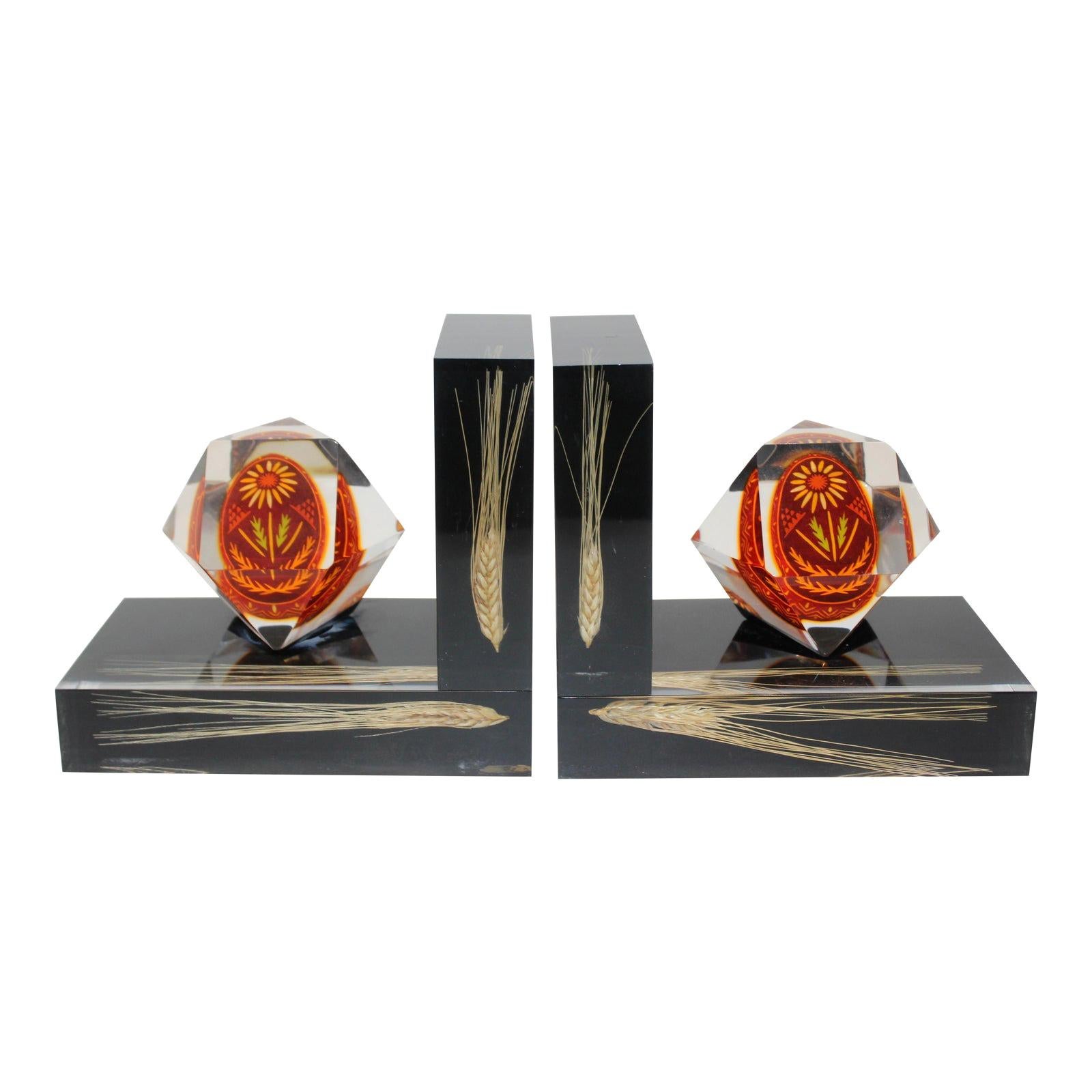 Pair of Lucite Bookends Ukraine Pysanka Easter Egg and Wheat