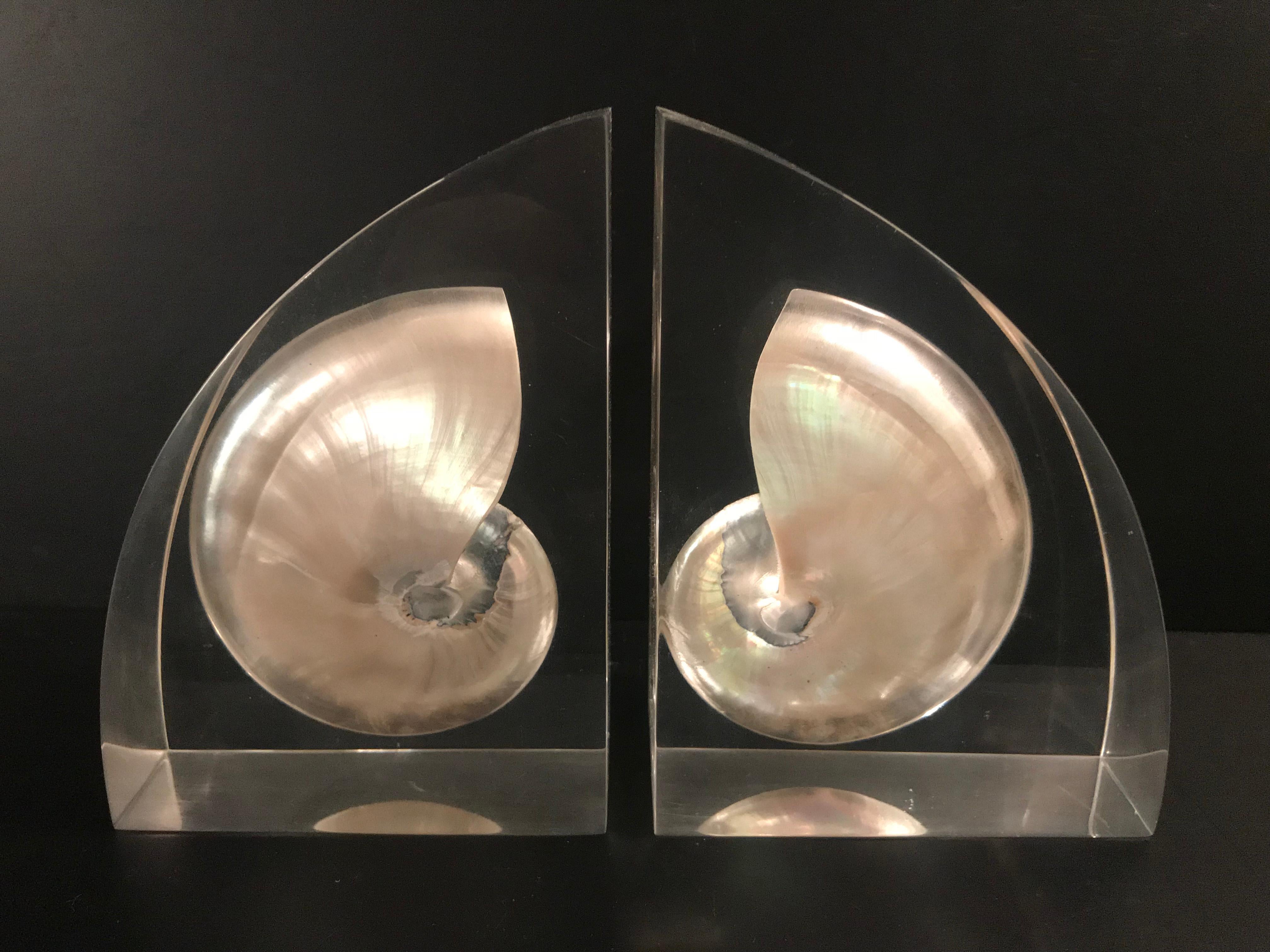 Pair of Lucite Bookends with Encased Nautilus Shell For Sale 6