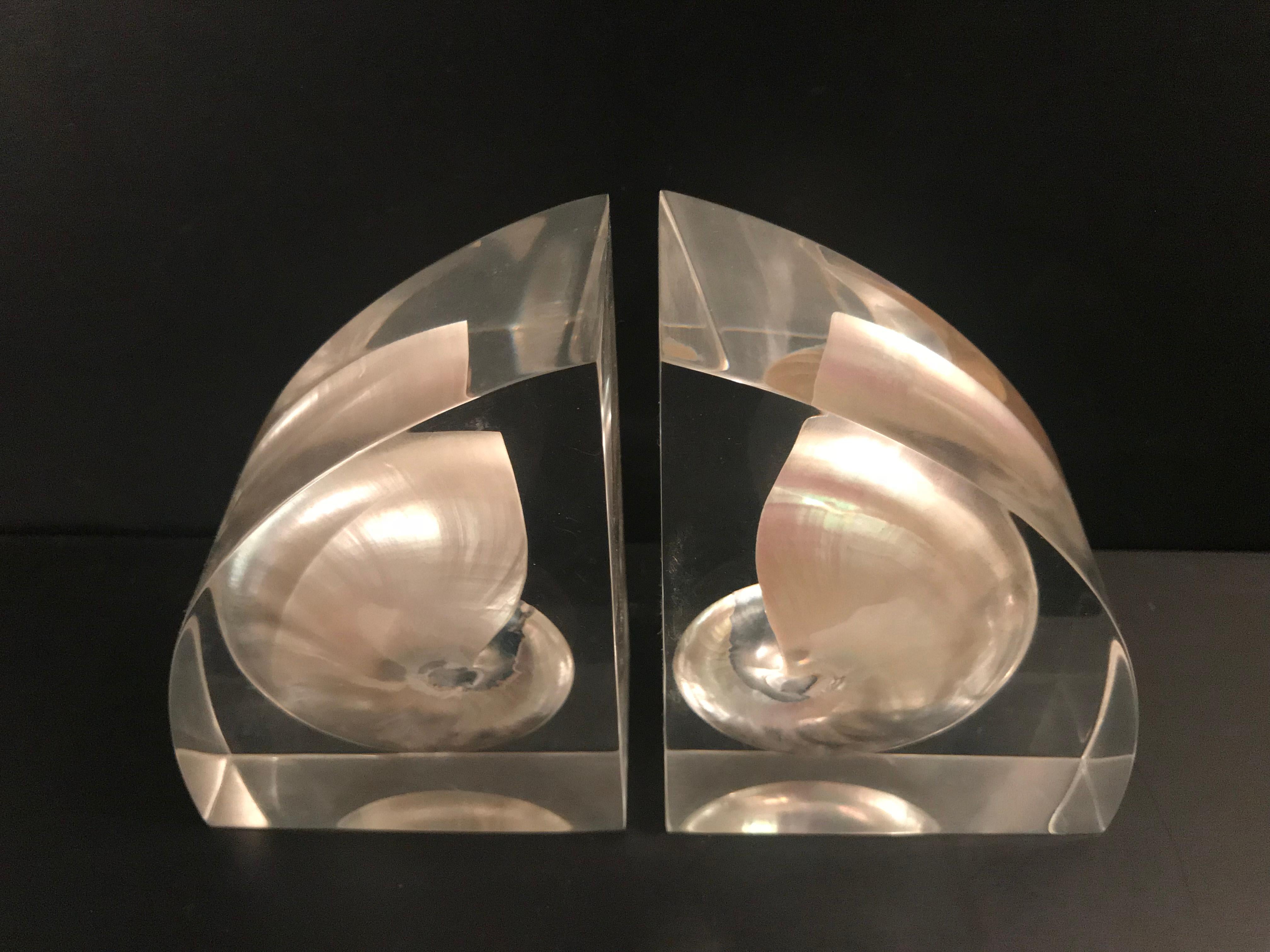 Pair of Lucite Bookends with Encased Nautilus Shell For Sale 7