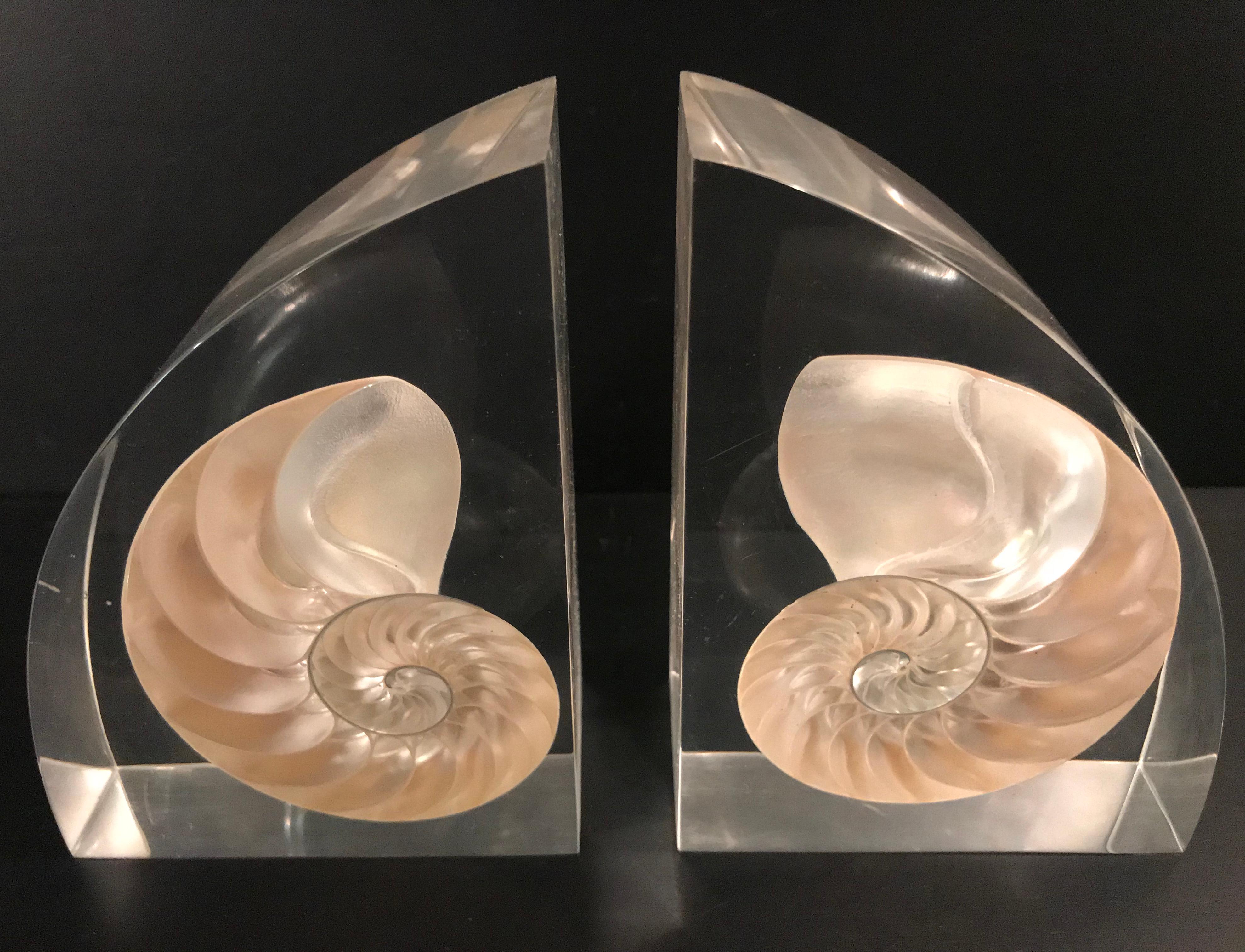20th Century Pair of Lucite Bookends with Encased Nautilus Shell For Sale