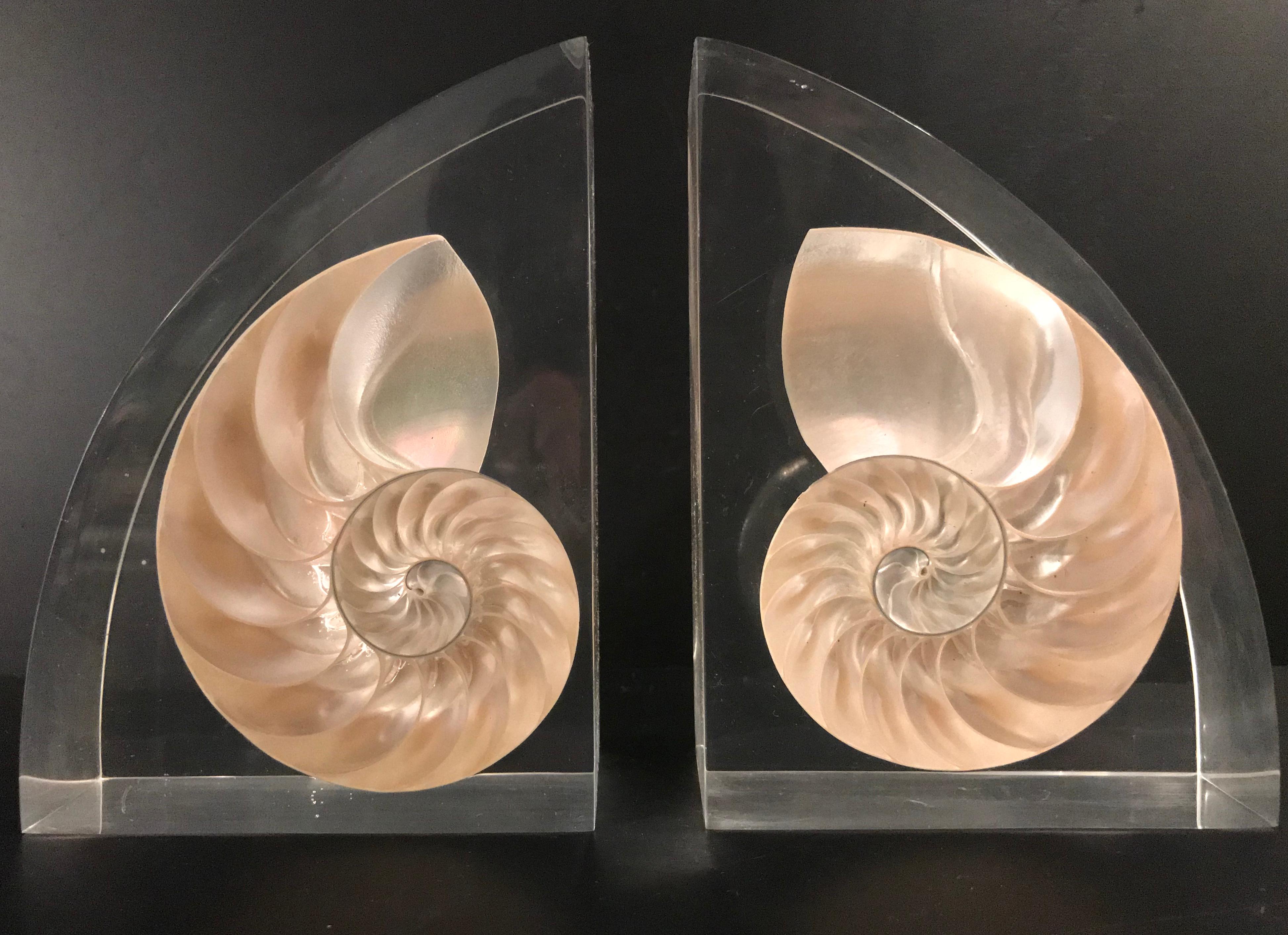 Pair of Lucite Bookends with Encased Nautilus Shell For Sale 1