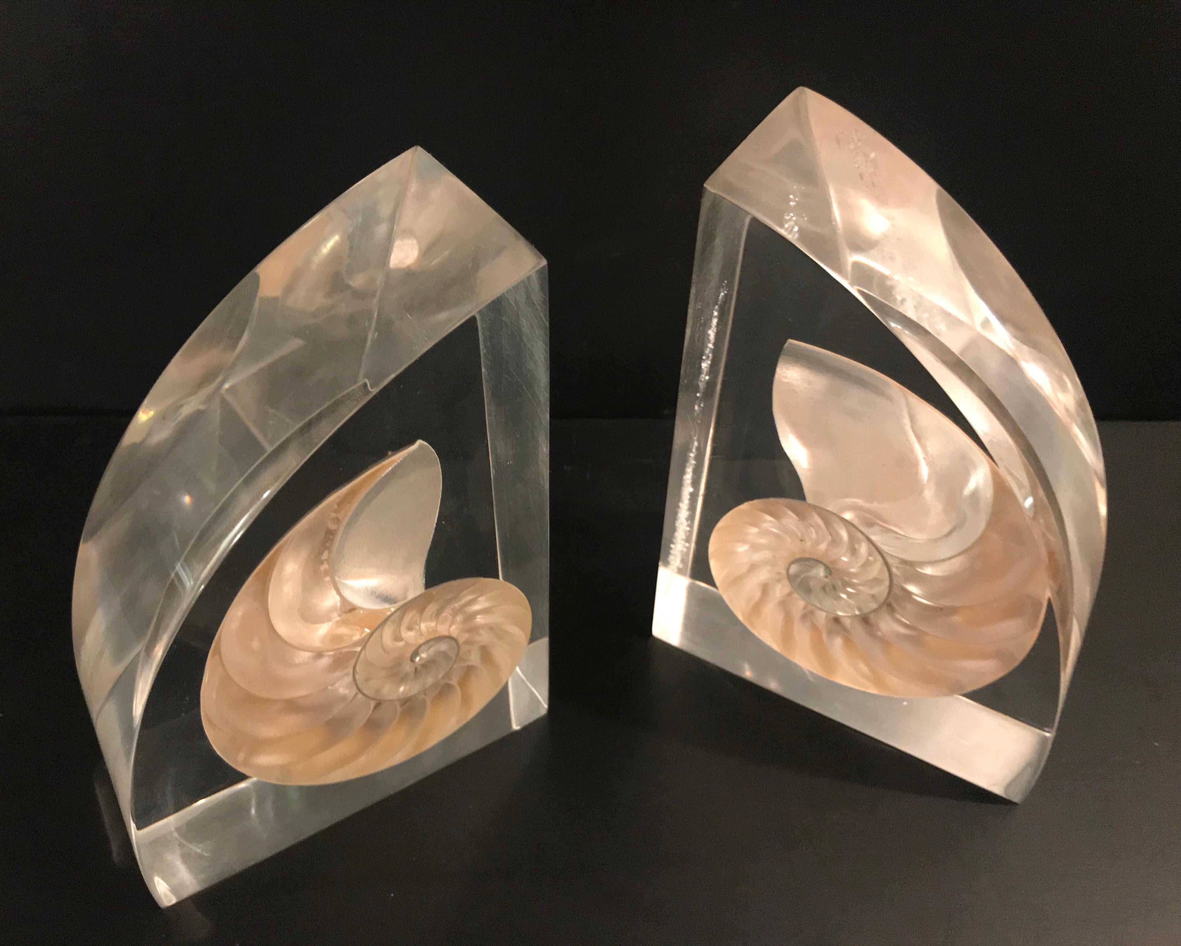 Pair of Lucite Bookends with Encased Nautilus Shell For Sale 3