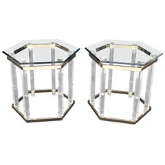 Pair of Lucite Brass and Glass Hexagon Shape End Side Tables