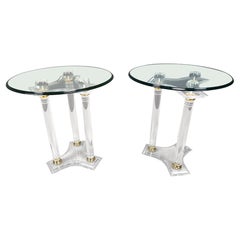 Pair of lucite brass and glass side tables, 1980s