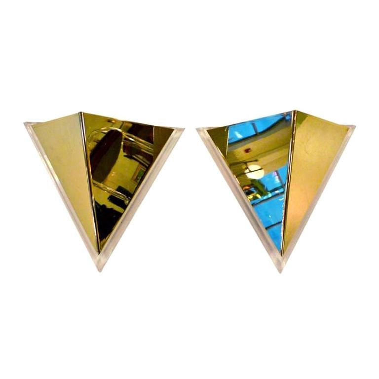 Pair of Lucite & Brass Pyramidal Wall Sconces For Sale