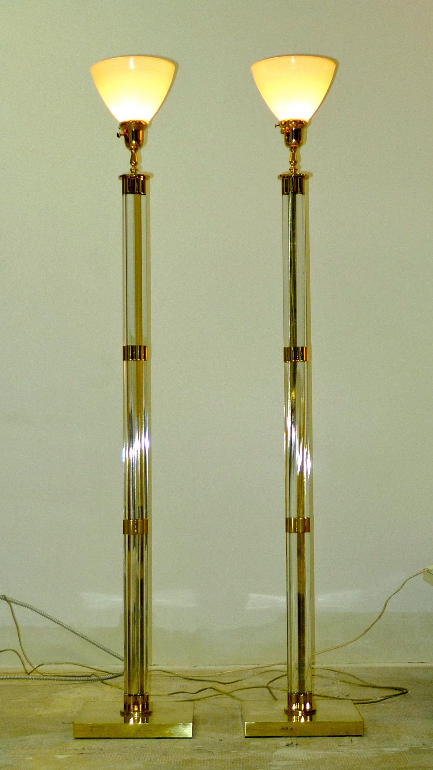 Pair of Lucite & Brass Tochiere Floor Lamps For Sale 4