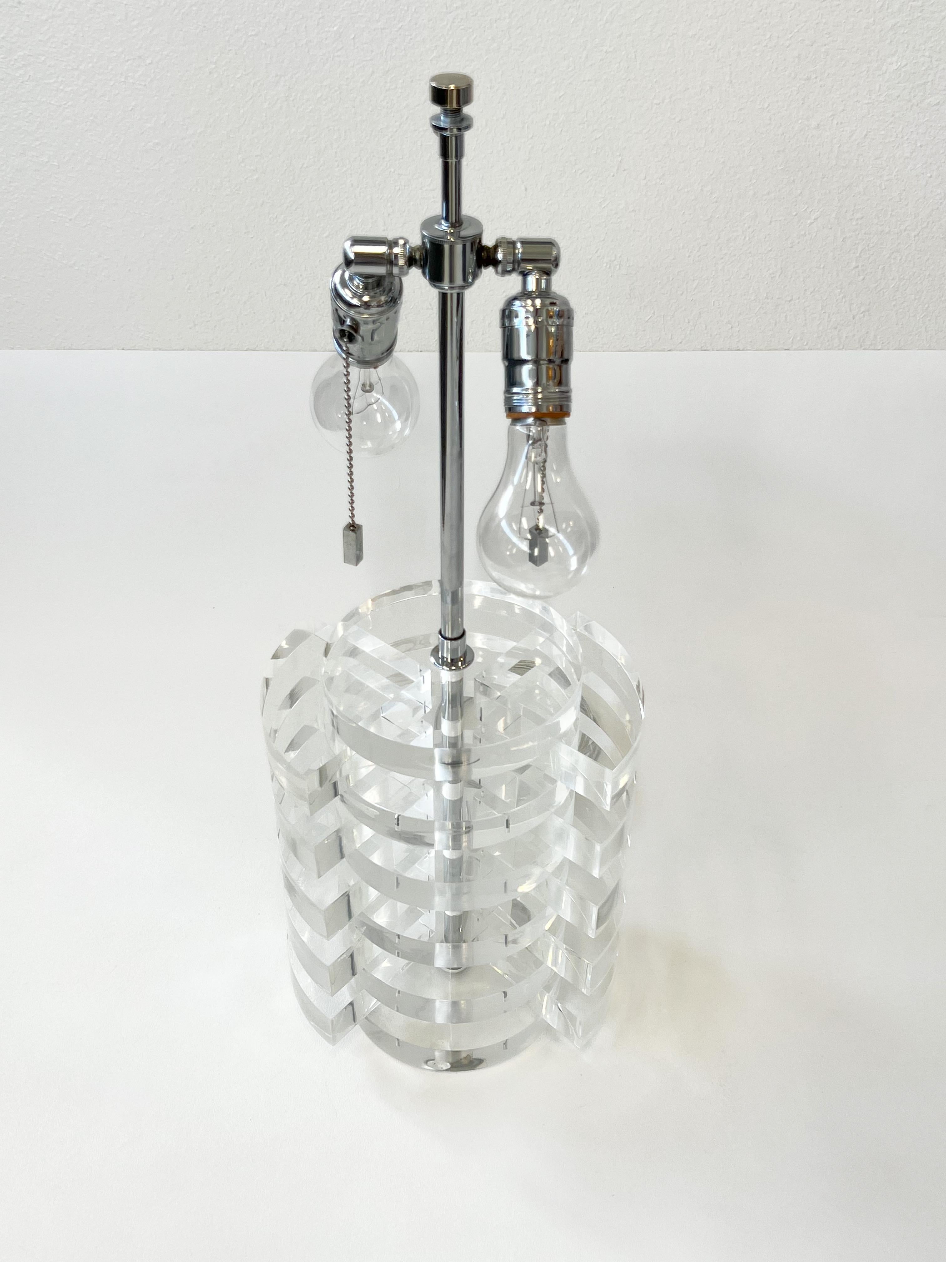 Hand-Crafted Pair of Lucite & Chrome Table Lamps by Karl Springer For Sale