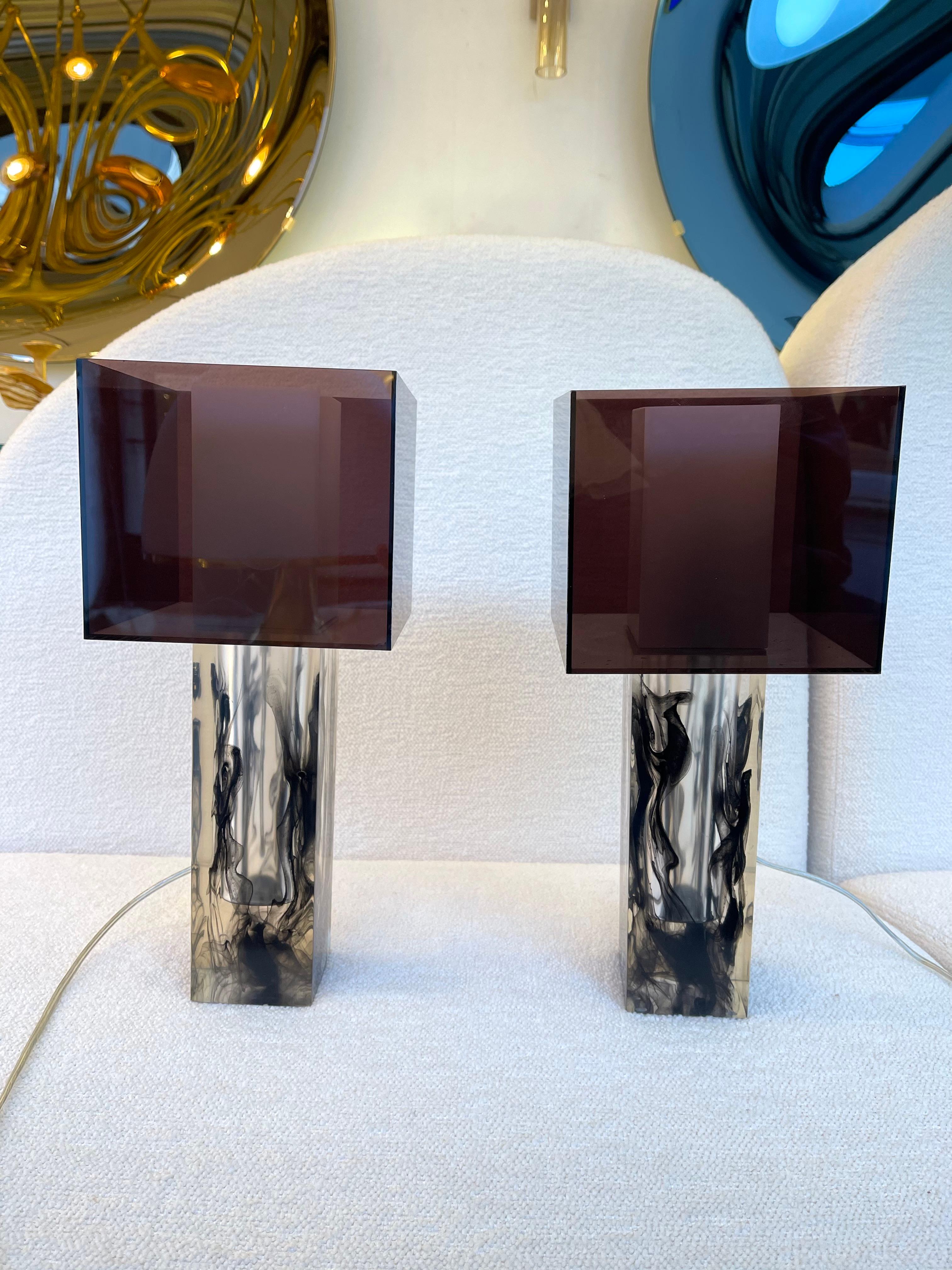 Swedish Pair of Lucite Cube Lamps by Ateljé Lyktan. Sweden, 1990s