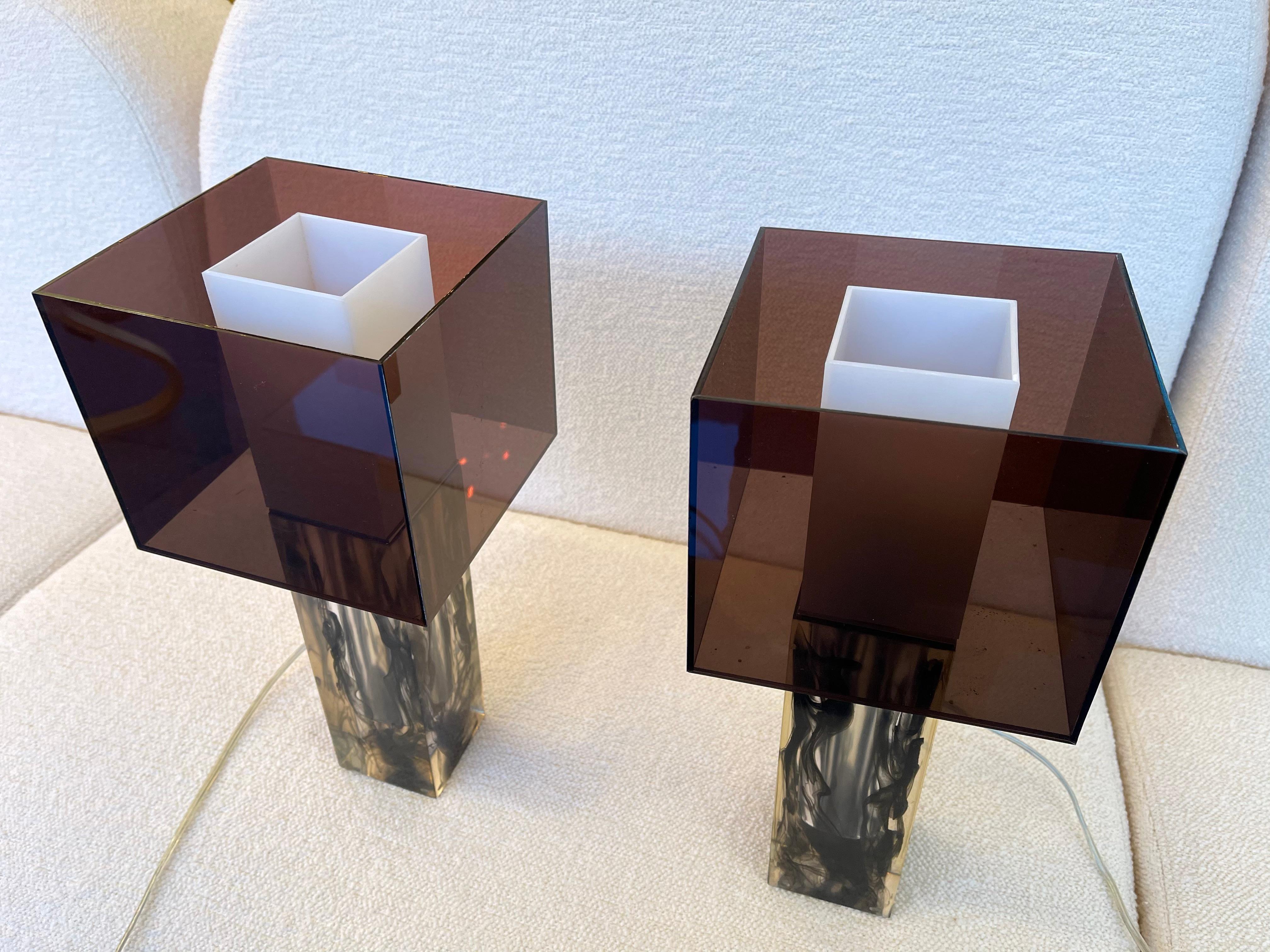Late 20th Century Pair of Lucite Cube Lamps by Ateljé Lyktan. Sweden, 1990s