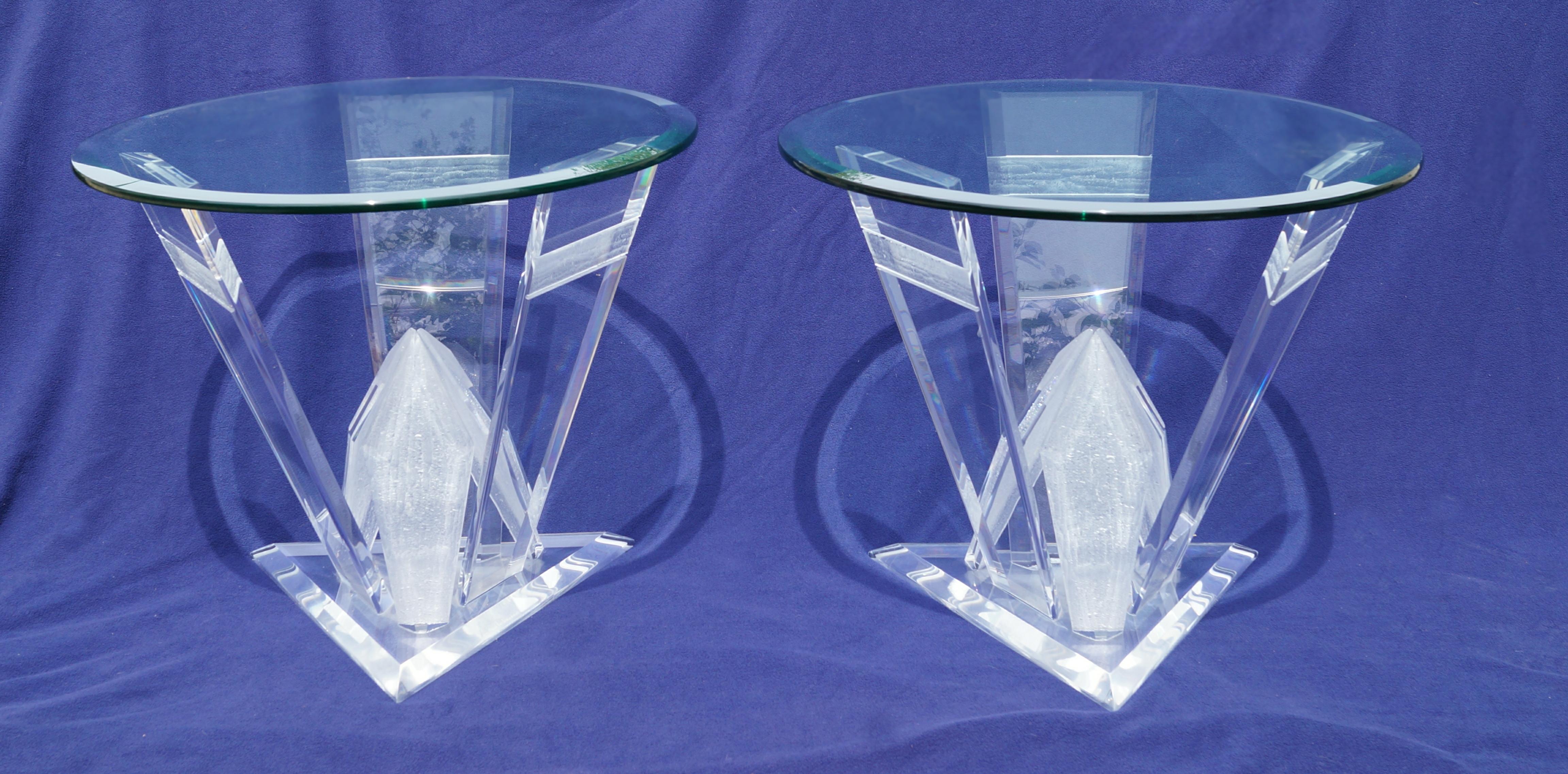 Modern Pair of Lucite Glacier Iceberg Sculptural End Side Tables Glass Top For Sale